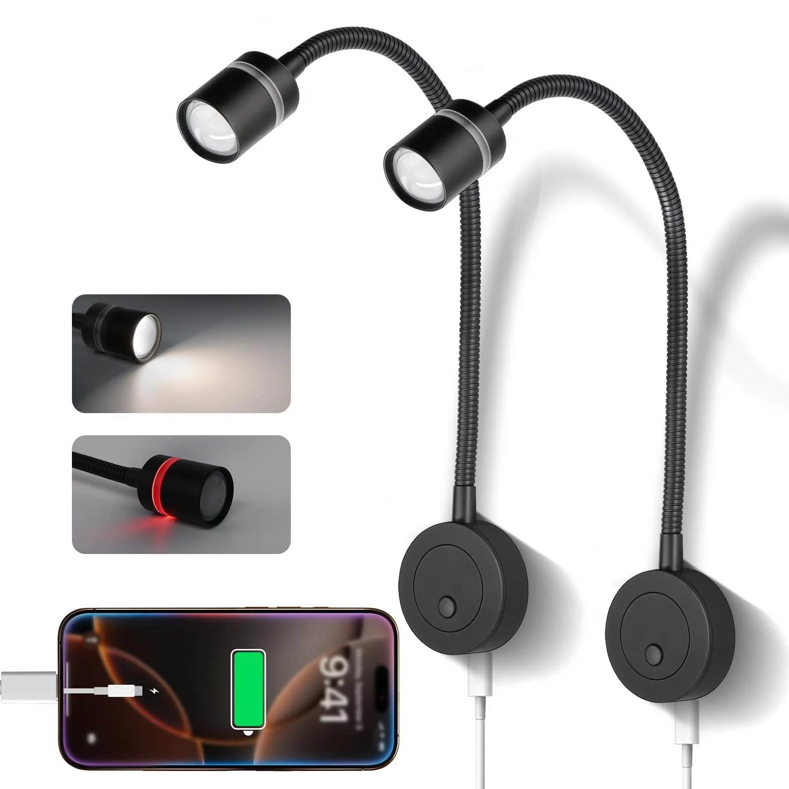Acegoo Lampa do czytania LED 12V 4000K ściemnialna czerwona lampka nocna 20W ładowarka USB C 2 szt.