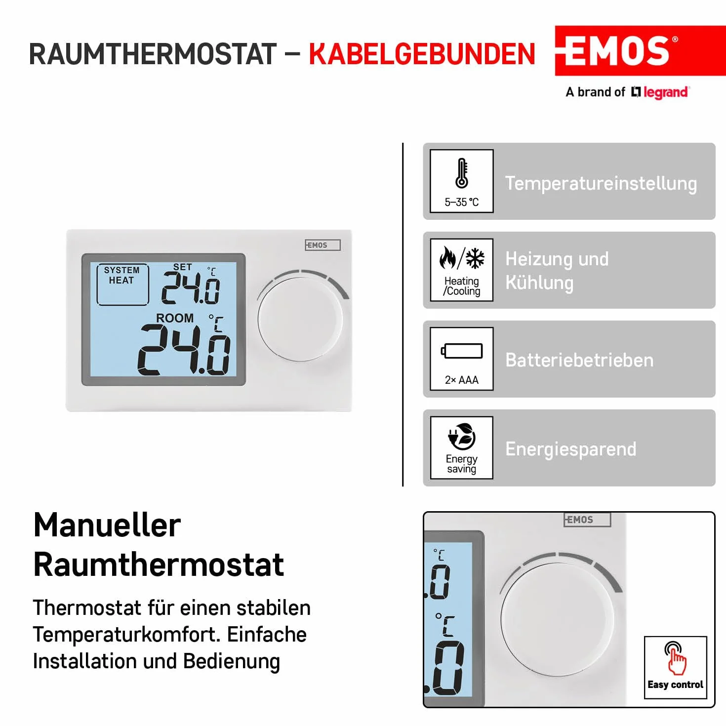 EMOS - Cyfrowy termostat pokojowy z wyświetlaczem LCD – ręczny, przewodowy – systemy ogrzewania i chłodzenia – regulacja temperatury 5–35 °C – montaż natynkowy – łatwa obsługa – bateria w zestawie –