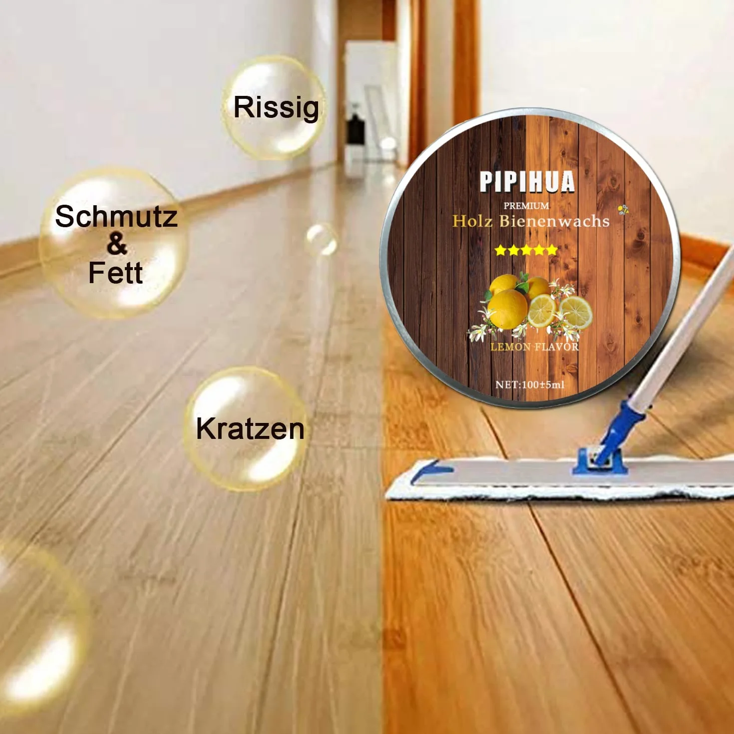 Pielęgnacja mebli, wosk pszczeli, naturalna pielęgnacja drewna, wodoszczelny, odporny na ścieranie, do pielęgnacji mebli i ochrony drewna mebli drewnianych, środek polerujący do drewna i mebli, 100g z gąbką (cytryna)
