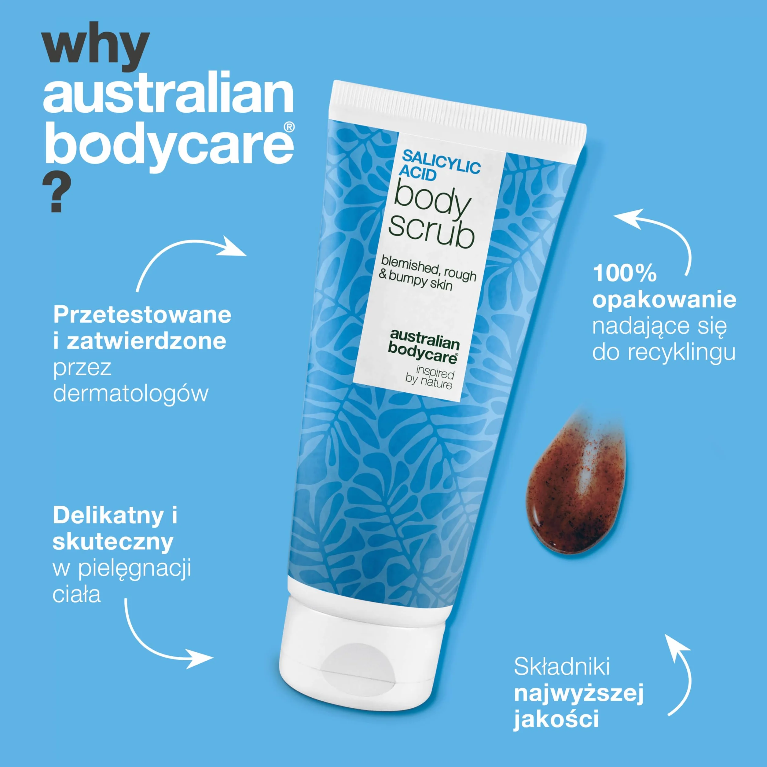 Peeling do ciała z kwasem salicylowym na trądzik, zaskórniki i niedoskonałości na plecach, pośladkach i ciele – usuwa martwy naskórek dzięki kwasom salicylowym (BHA) i glikolowym (AHA) oraz gliceryną