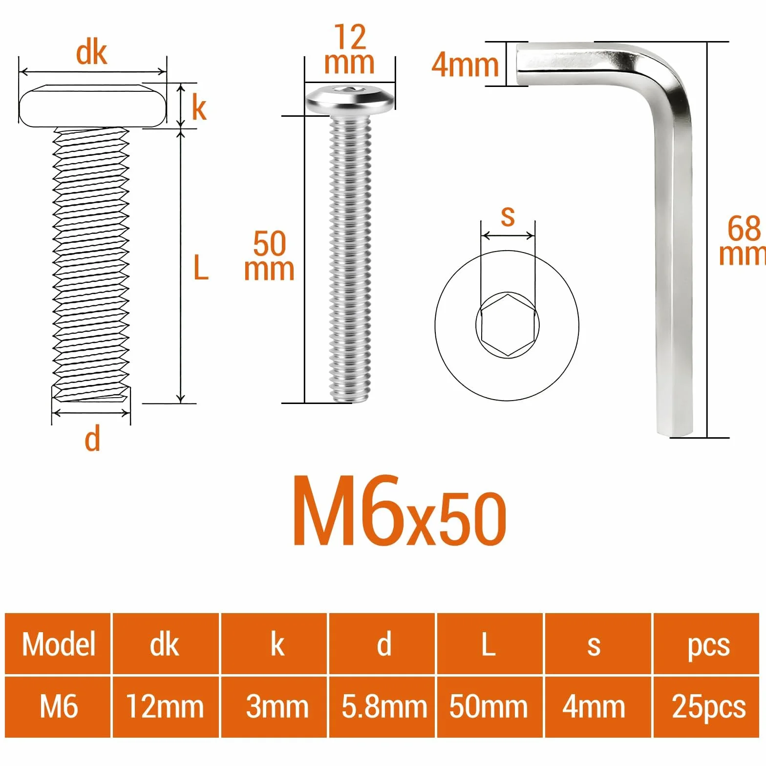 Śruby M6 x 50 mm z łbem płaskim, stal ocynkowana, klucz imbusowy, zestaw 25 sztuk