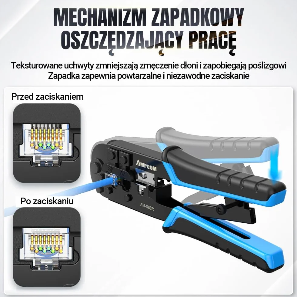 AMPCOM Narzędzie do zaciskania RJ45 Ethernet, 8P/6P-RJ11/RJ12 szczypce z grzechotką