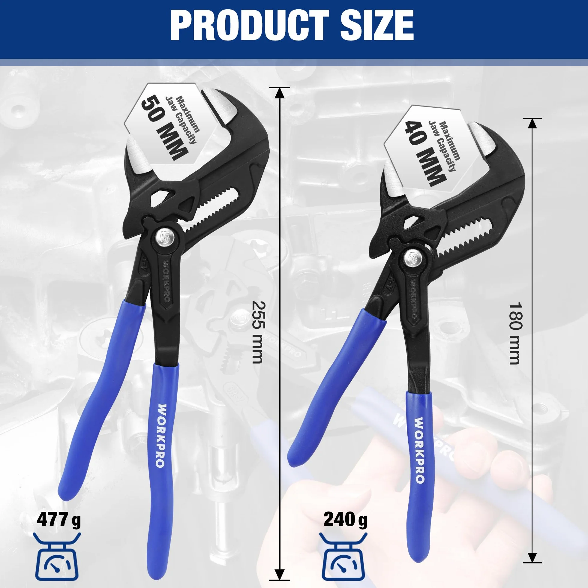 WORKPRO 2-częściowy zestaw kluczy nastawnych 180 mm i 250 mm, maksymalna pojemność szczęk 40 mm/50 mm