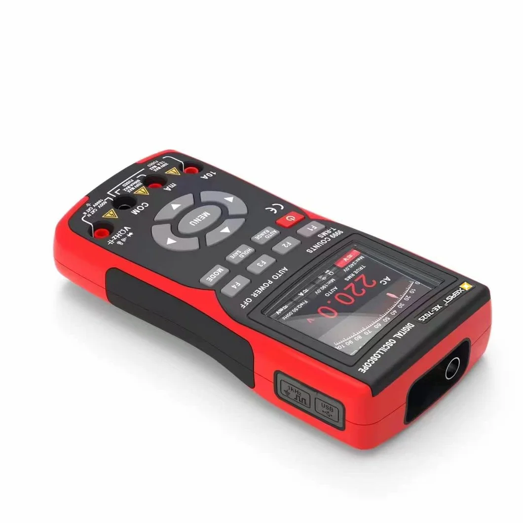 Ręczny oscyloskop, multimetr cyfrowy liczący 9999 z pirometrem z sondą K, szerokość pasma 10 MHz, próbkowanie 48 MSa/s, funkcja automatycznej kalibracji CC/AC