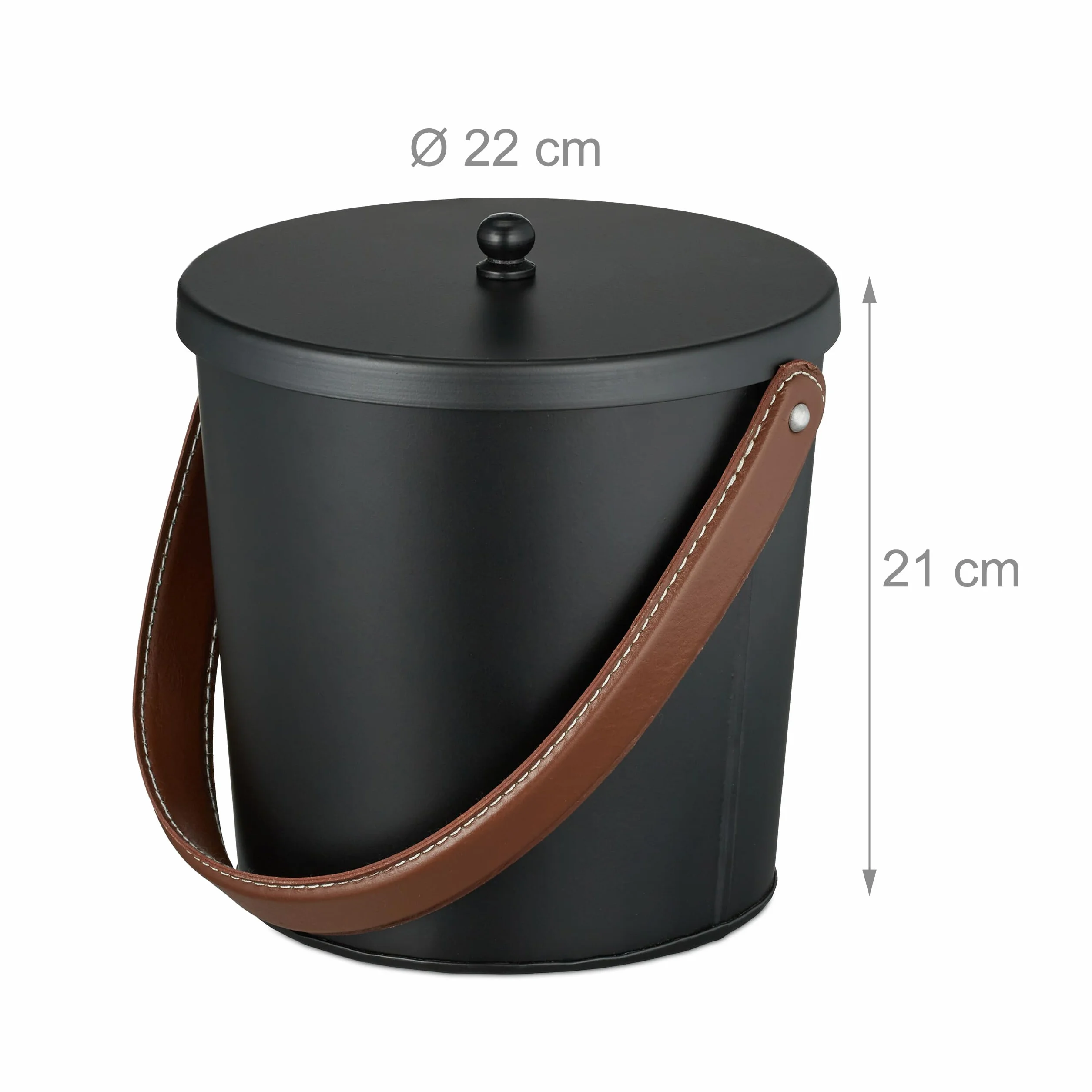 Relaxdays Kosz na popiół 4,5 l z pokrywką, skórzany uchwyt, czarny/brązowy