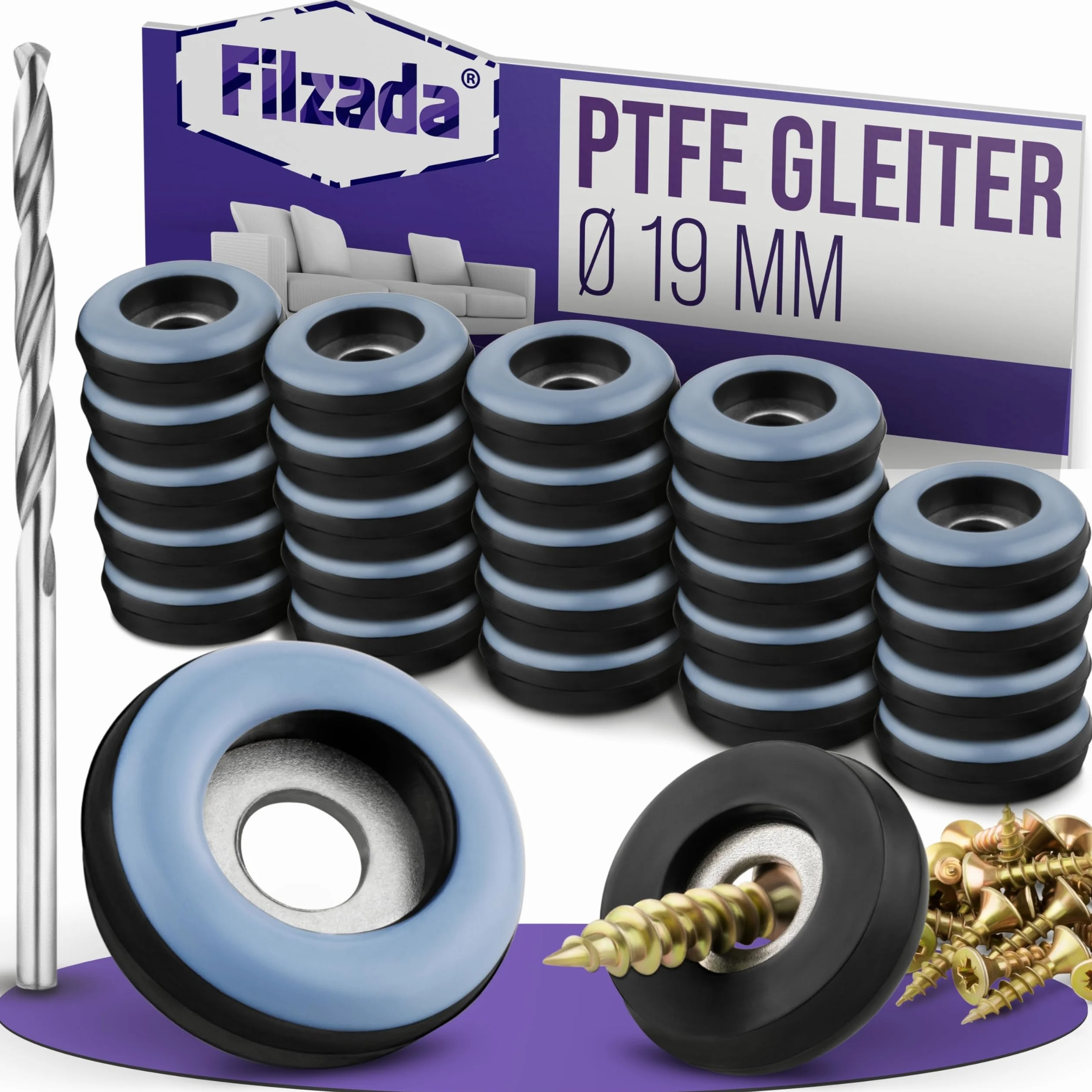 Filzada® 26x Ślizgacze teflonowe do przykręcania Ø 19 mm okrągłe PTFE wraz z wkrętami