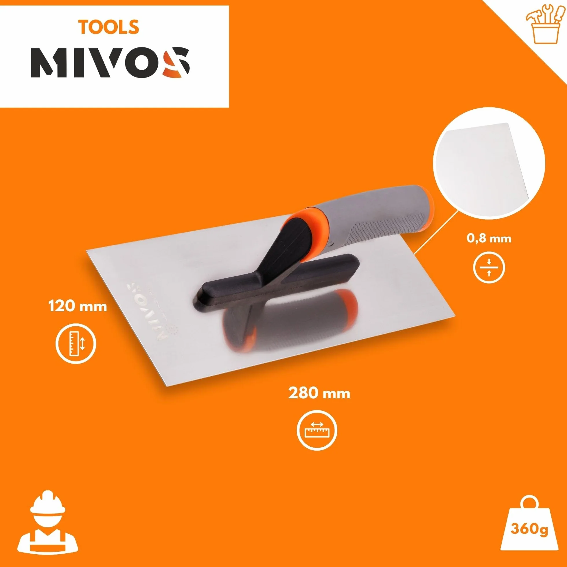 MIVOS Paca wygładzająca ze stali nierdzewnej 280 x 120 mm - Ergonomiczny miękki uchwyt - Płyta do tynkowania i murowania
