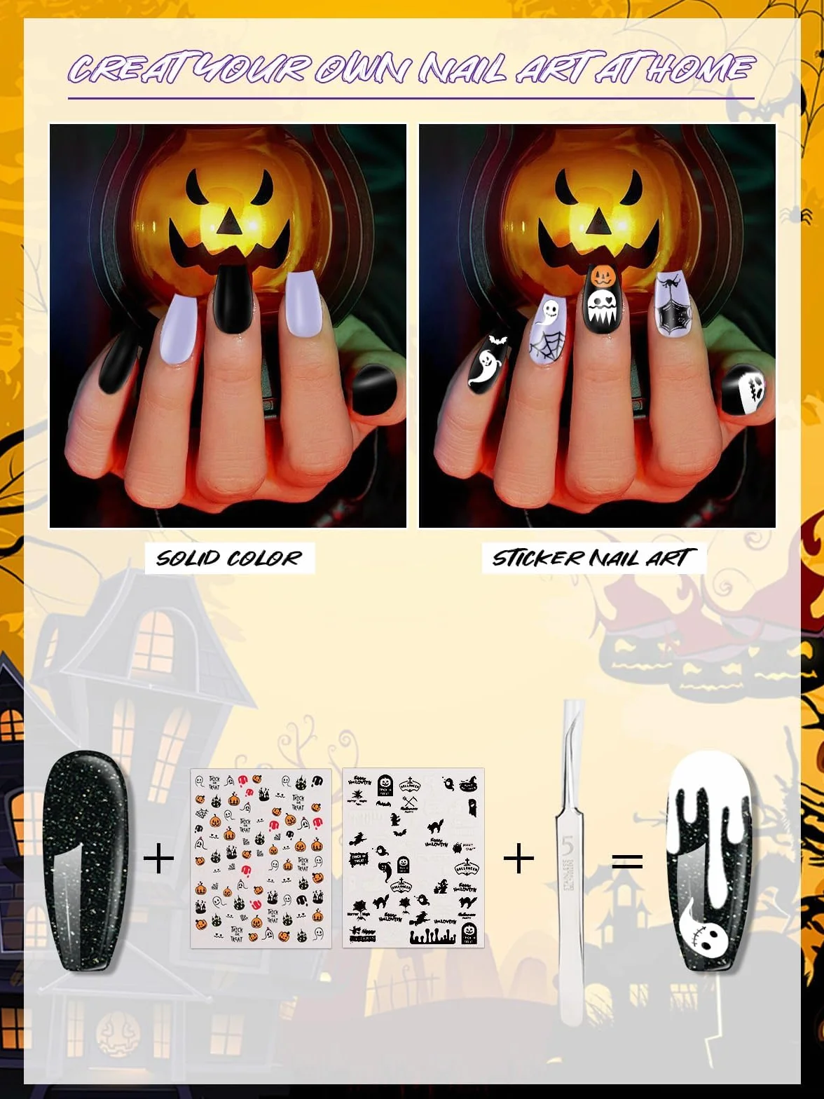 EBANKU Zestaw 55 Sztuk Żelowych Pasków do Paznokci na Halloween, DIY Dekoracja Paznokci, Prezent dla Dziewczyn z Narzędziem