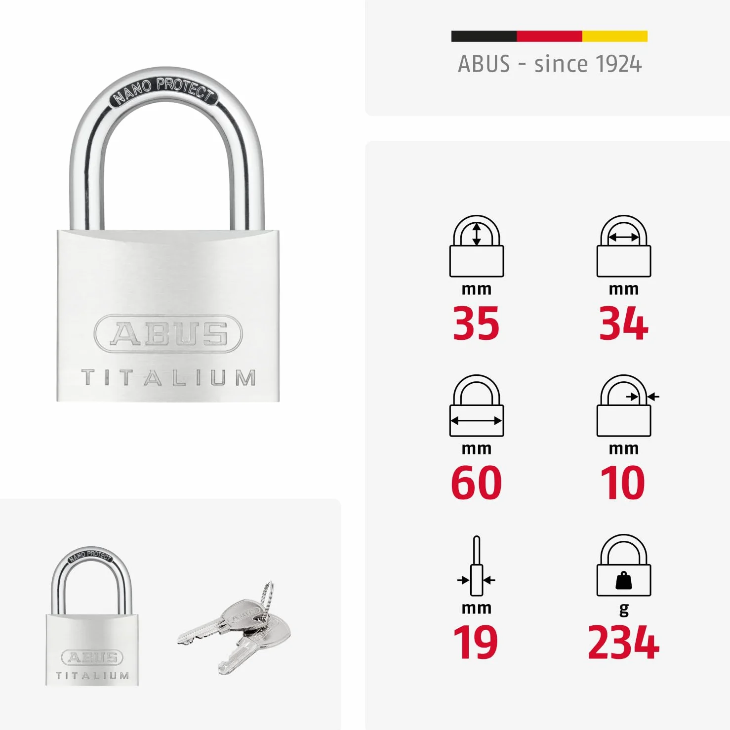 ABUS Kłódka Titalium 64TI/60 zamek hartowany stalowy pałąk poziom bezpieczeństwa ABS 6