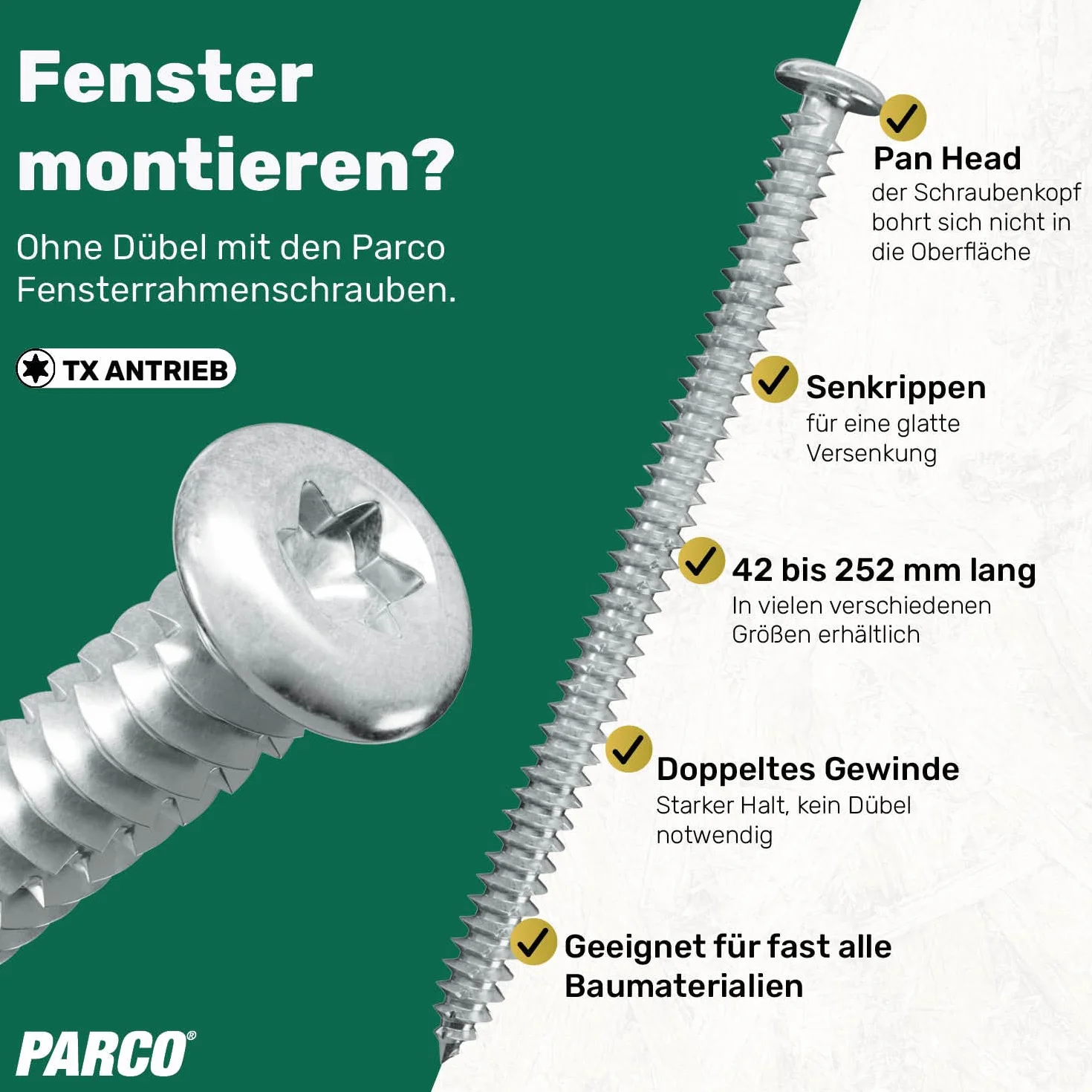 PARCO Śruby do ram okiennych z okrągłą główką 7,5 x 212 mm TX30 100 sztuk