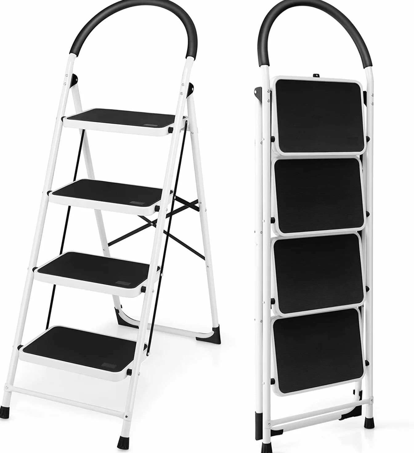 COSTWAY Drabina stojąca, 4-stopniowa, składana drabina, udźwig do 150 kg, składany podnóżek, z poręczą i antypoślizgową platformą, drabina domowa do domu, biura, garażu, czarna