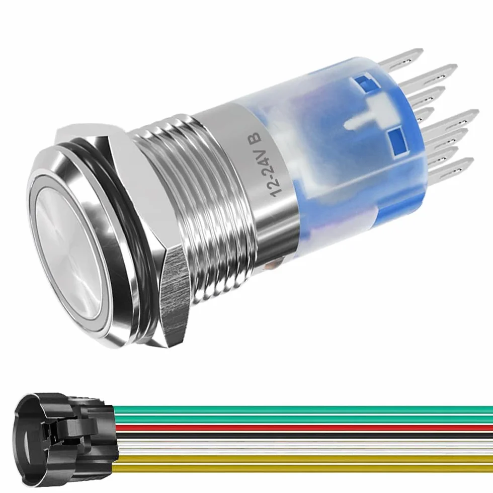 Gebildet Chwilowy Przełącznik Przyciskowy ze Stali Nierdzewnej 16 mm DPDT 2NO 2NC 12V-24V/5A Niebieska dioda LED