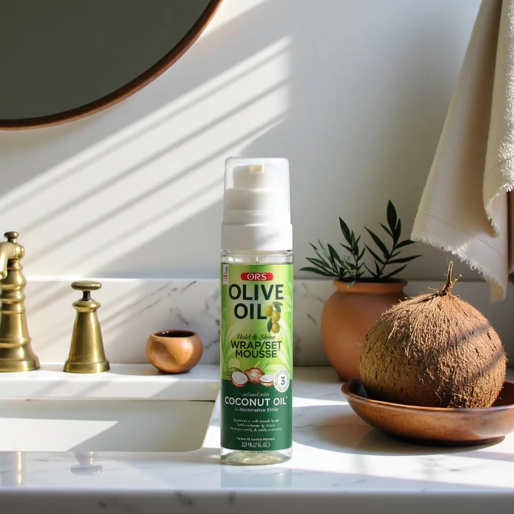 ORS Olive Oil Hold & Shine Wrap Set 207 ml - Pianka do włosów 207 ml - z kolagenem, pantenolem i oliwą z oliwek dla zdrowych, nawilżonych i lśniących włosów bez ich obciążania.