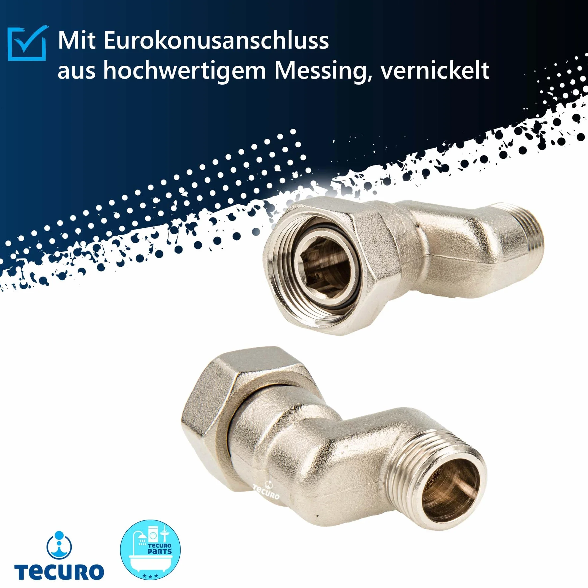 Tecuro Grzejnik S-Connector 30 mm Regulacja wysokości z Eurocone DN 15 Gwint zewnętrzny x DN 20 Nakrętka Unionowa Mosiądz Niklowany AGS-30