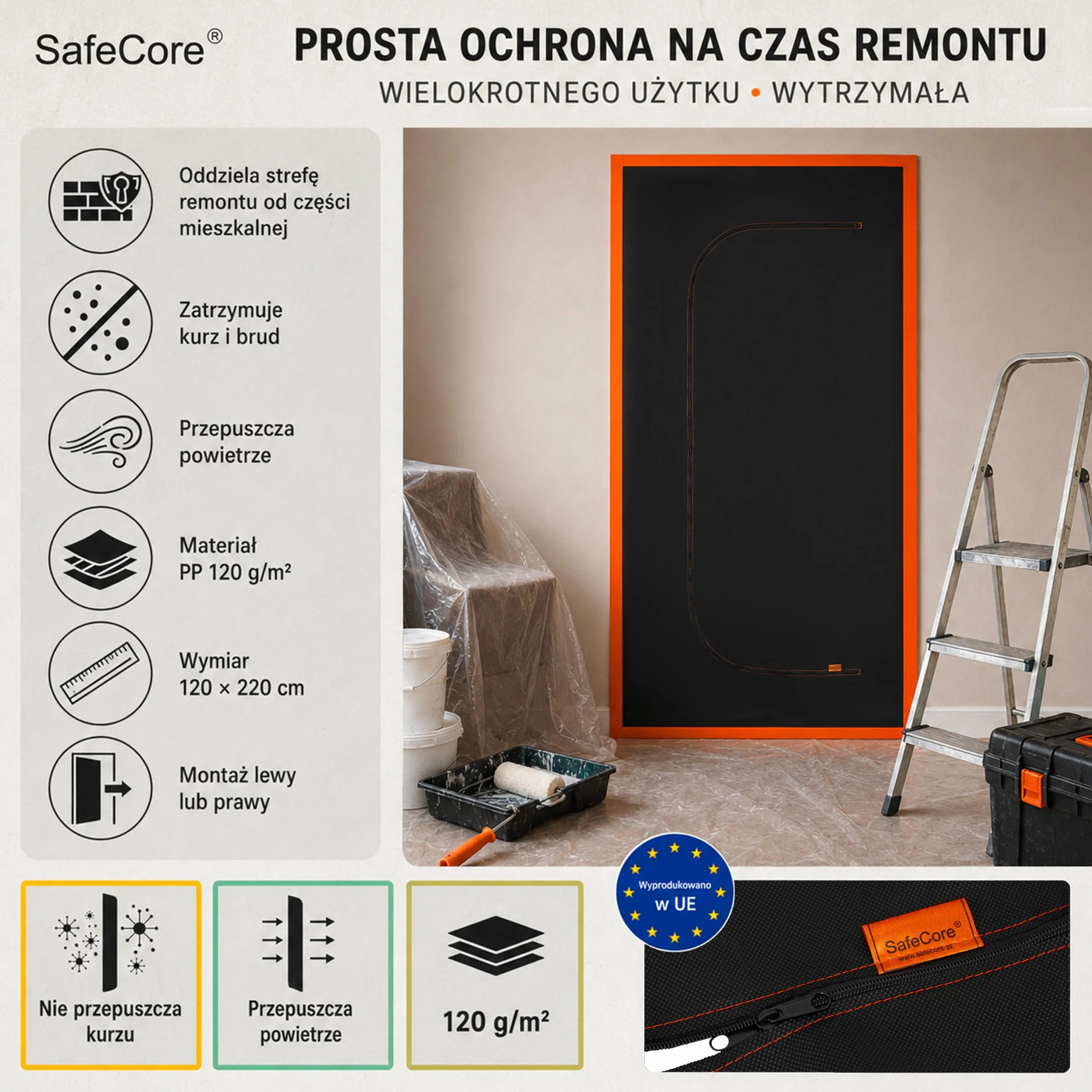 Drzwi przeciwpyłowe z taśmą, osłona przeciwpyłowa 220x110 cm, gruba tkanina polipropylenowa