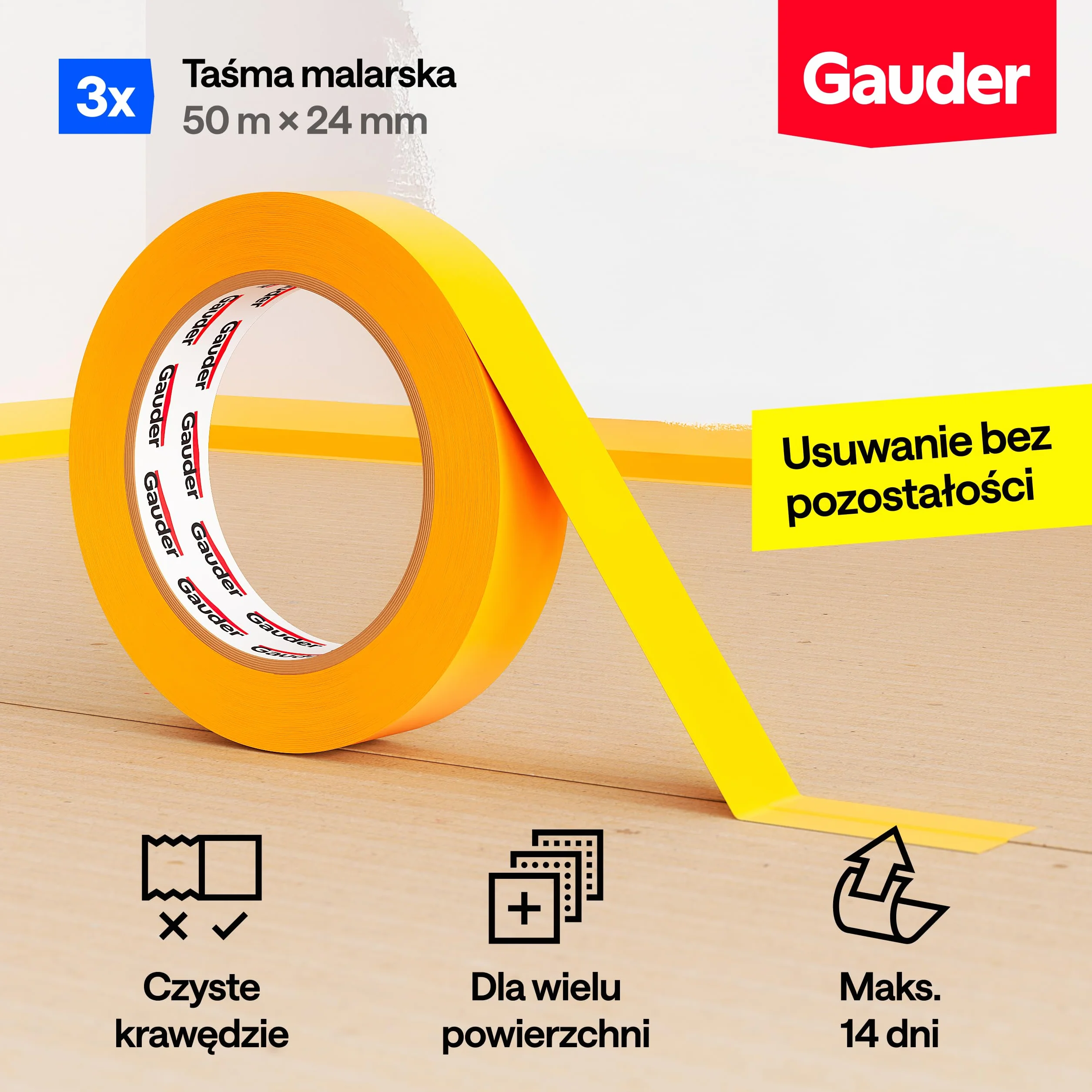 GAUDER Taśma Malarska Premium z Papieru Washi 24 mm x 50 m 3 Rolki