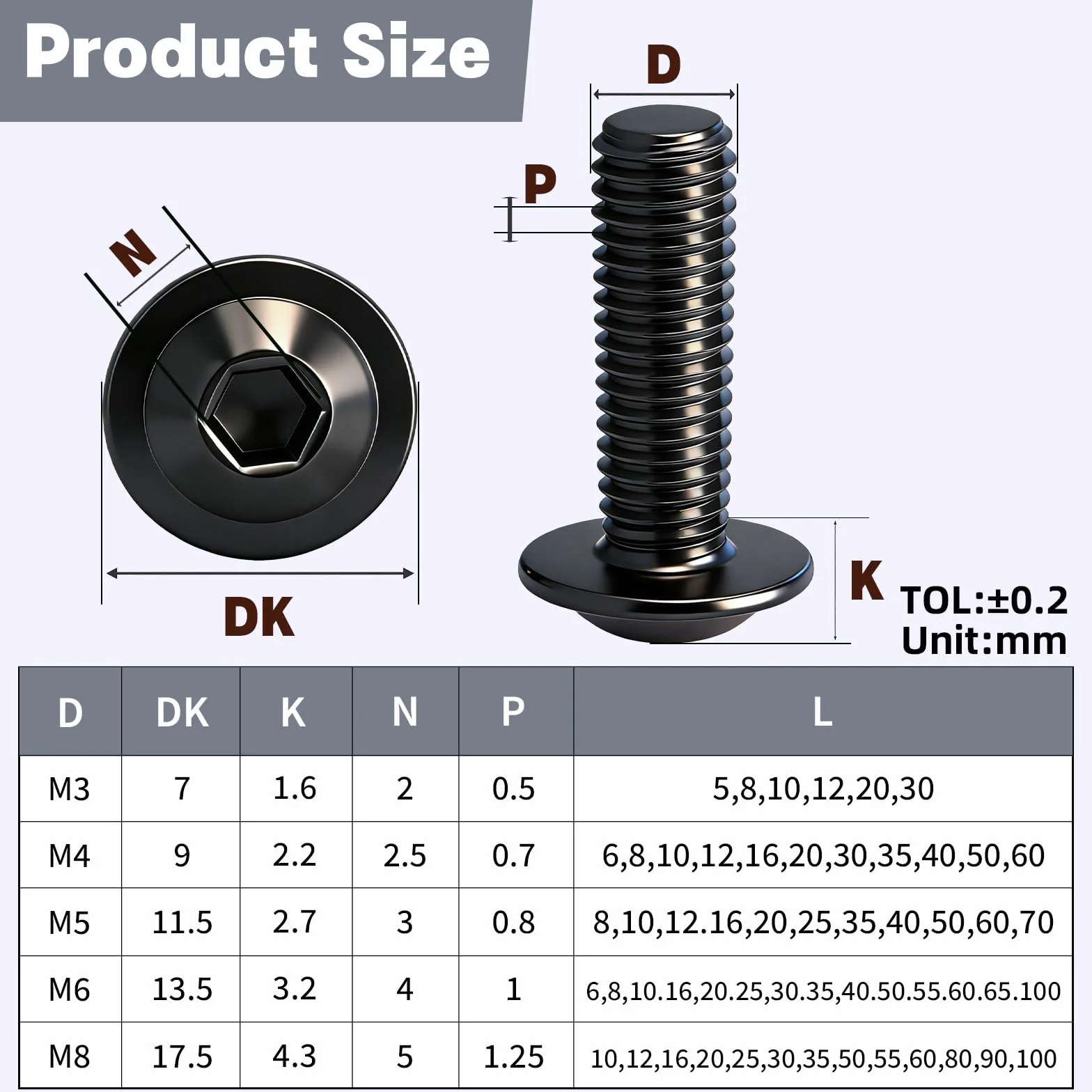 20 sztuk M3x10mm Śruby z łbem soczewkowym i kołnierzem, Stal Nierdzewna A2 V2A 304, Czarne Sześciokąt Wewnętrzny