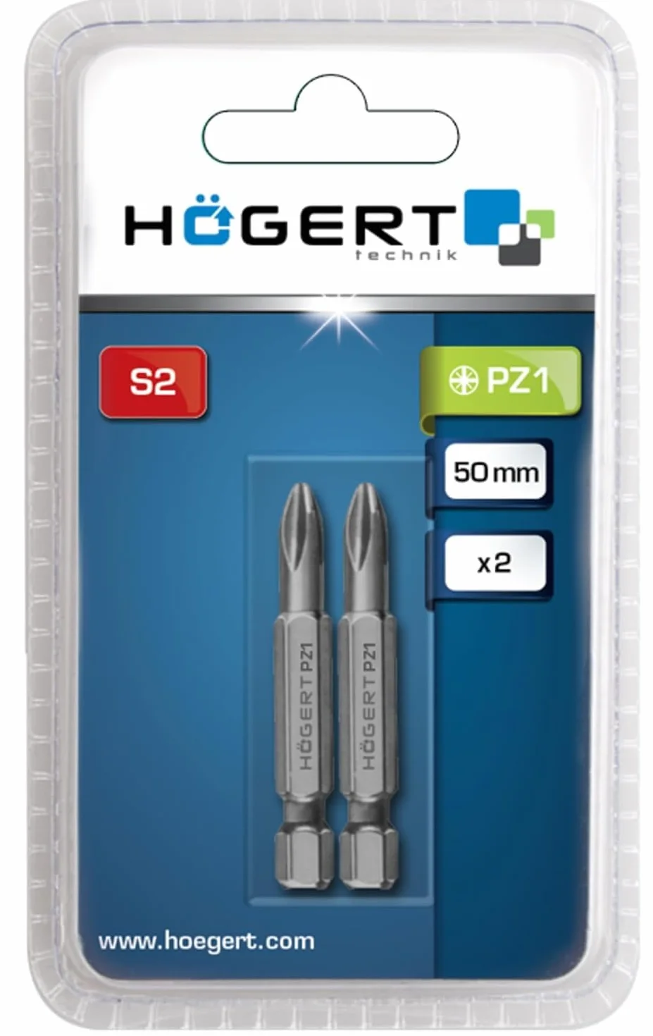 HÖGERT TECHNIK bity wkrętakowe PZ1 50 mm 2 sztuki stal S2 HRC 58-60 trzpień 1/4 cala DIN 3126