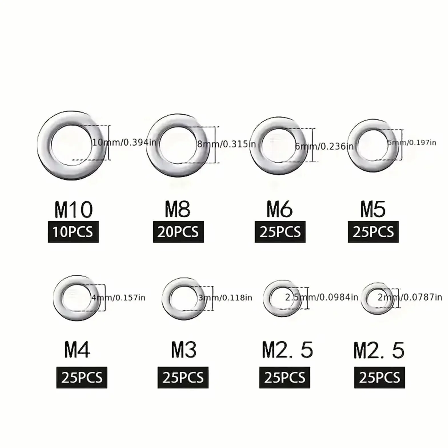 304 Stainless Steel Flat Washer Assortment Kit M2 M2.5 M3 M4 M5 M6 M8 M10 180pcs