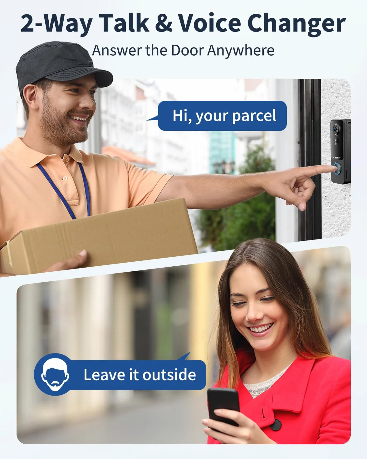 MUBVIEW Bezprzewodowy dzwonek do drzwi z kamerą HD 1080P, Wi-Fi 2,4 GHz, detekcja ruchu PIR, noktowizor, wodoodporny