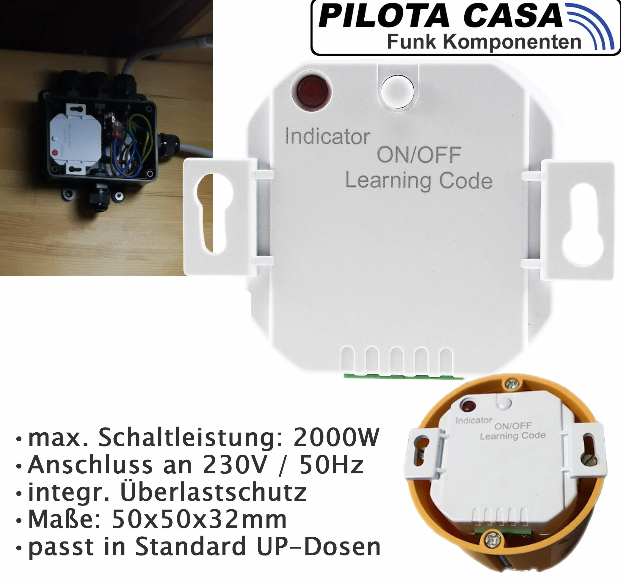 Odbiornik radiowy Pilota Casa 1-kanałowy 230 V 2000 W 70 m 49x49x25 mm