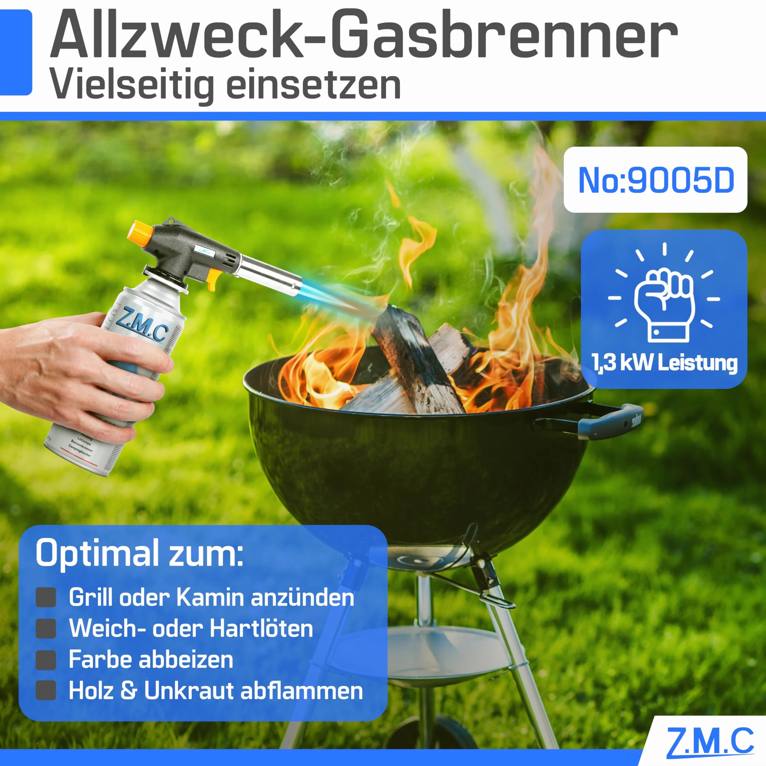 Palnik gazowy Z.M.C 1,3 kW 1300°C z 16 wkładami 227 g regulowany płomień
