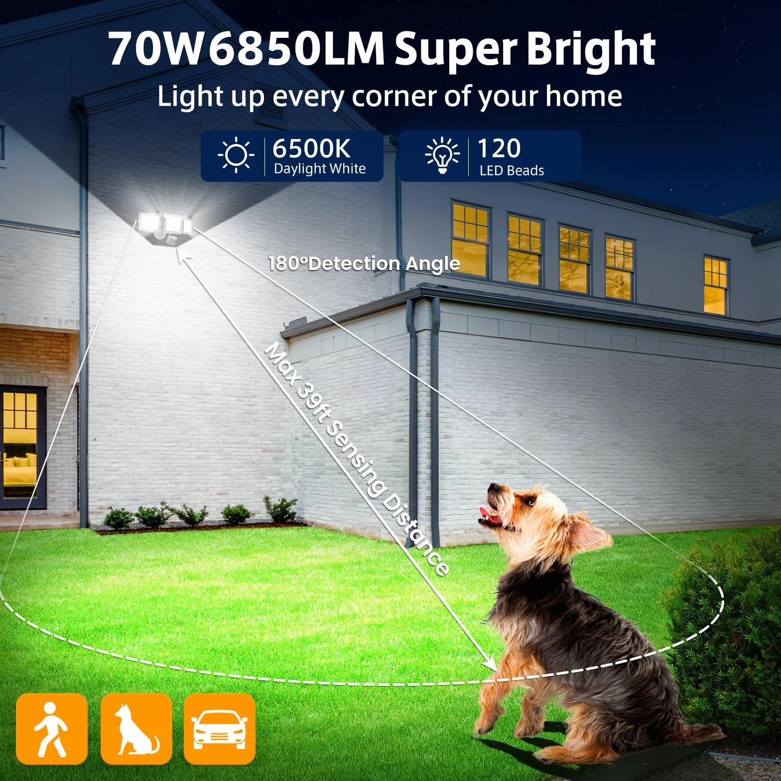 MEIHUA Reflektor LED 70 W z czujnikiem ruchu IP66 6500 K trzygłowicowy regulacja 180°