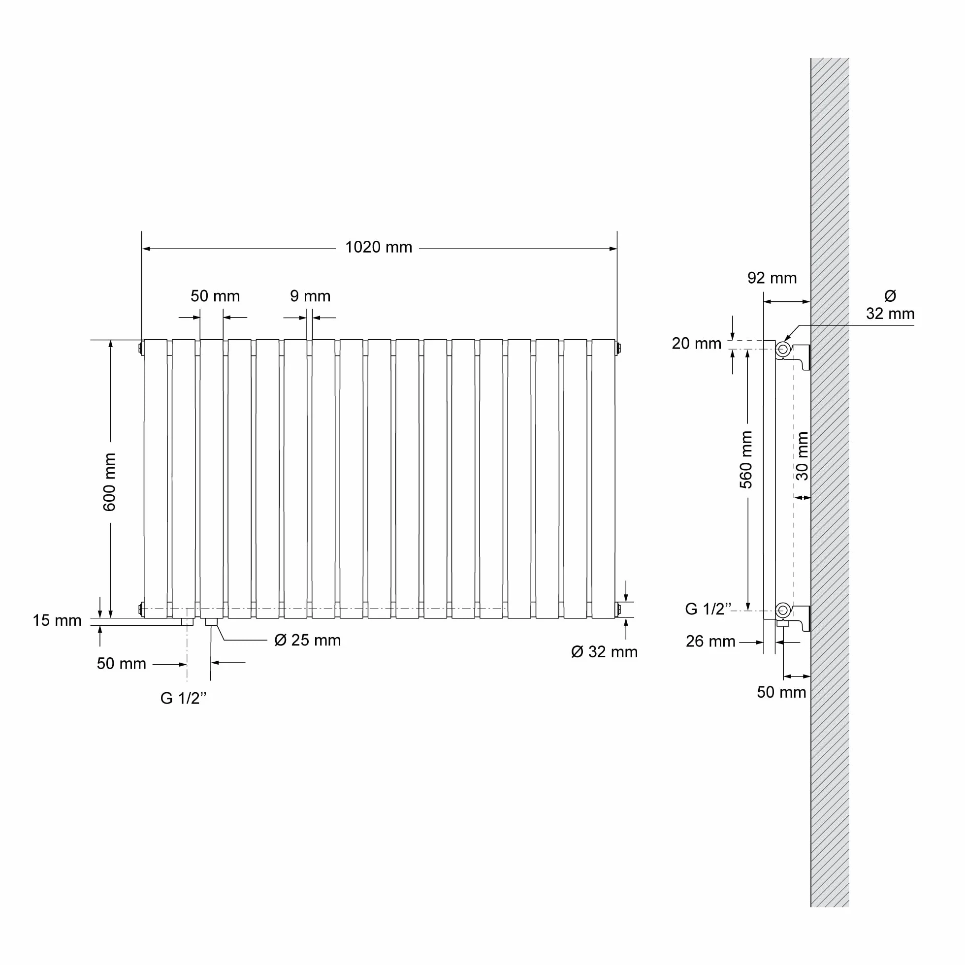 ML-Design Grzejnik Panelowy 600 x 1020 mm Biały Jednowarstwowy Płaski Owalne Rurki Łazienkowy