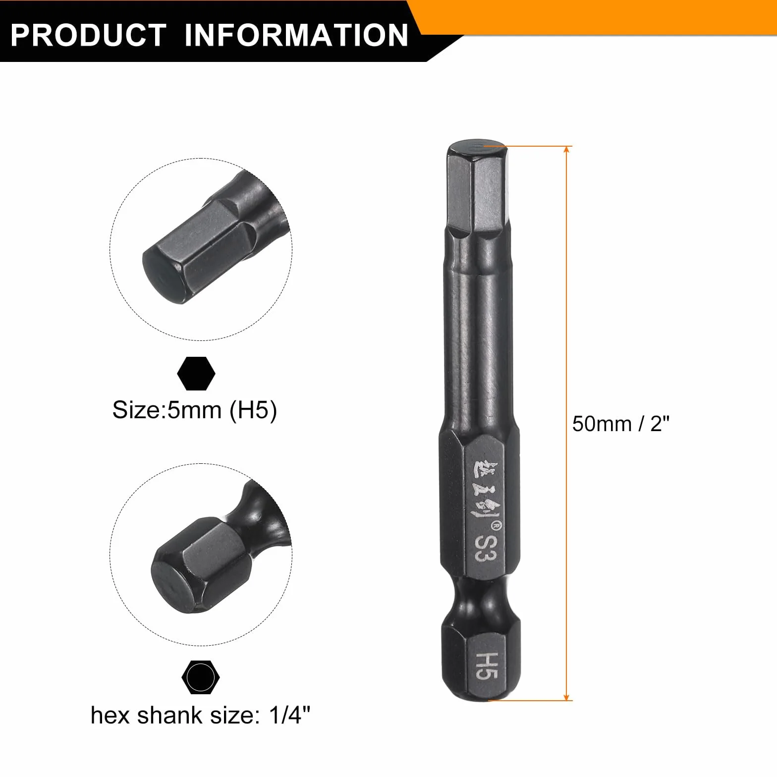 QUARKZMAN 5 sztuk kluczy imbusowych wiertło 5 mm H5 metryczne 1/4" trzpień sześciokątny 2" 50 mm długość S3 stal magnetyczny bity sześciokątny