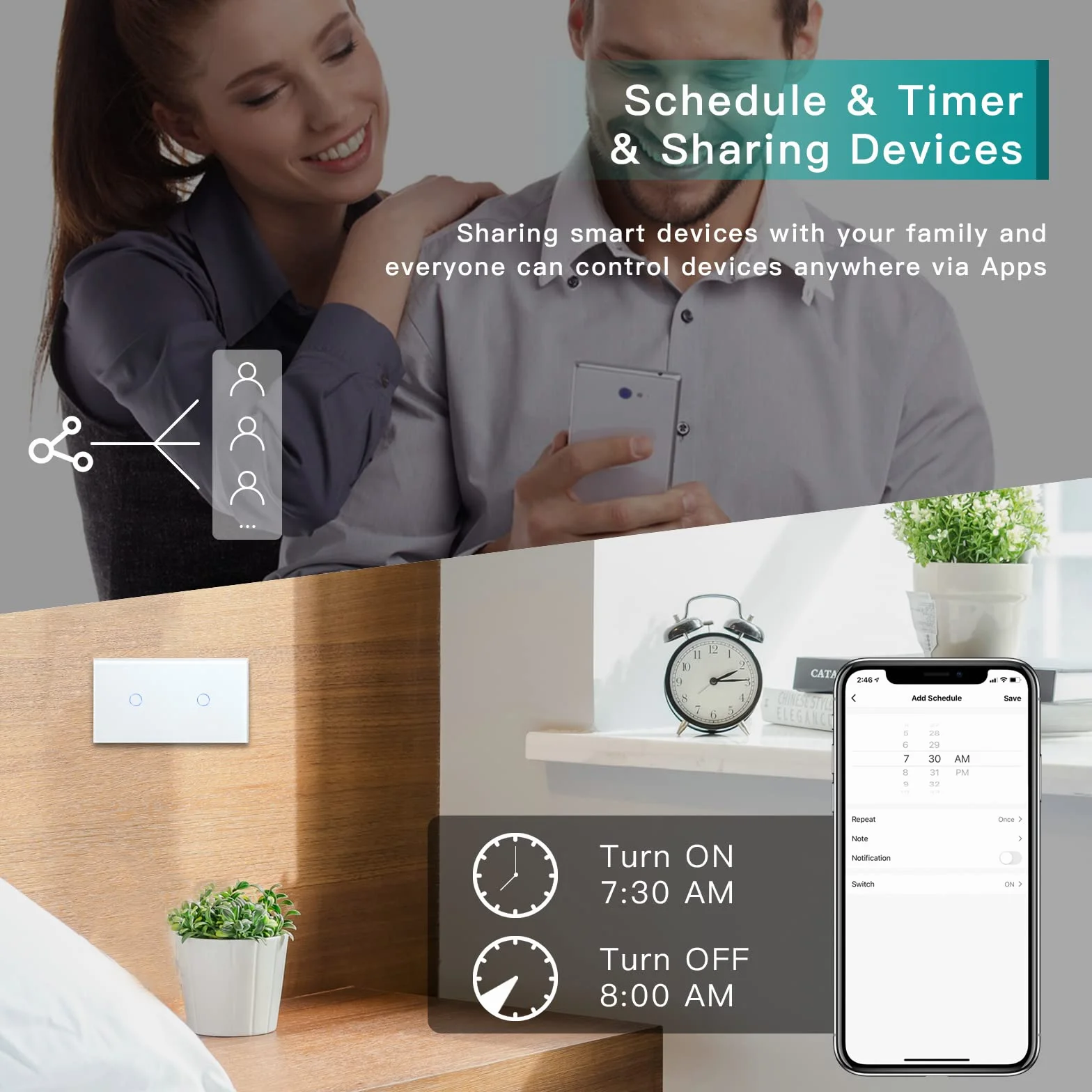 BSEED Smart Alexa Double WiFi Touch Light Switch 1-Way Wall Glass Panel White 157x86mm
