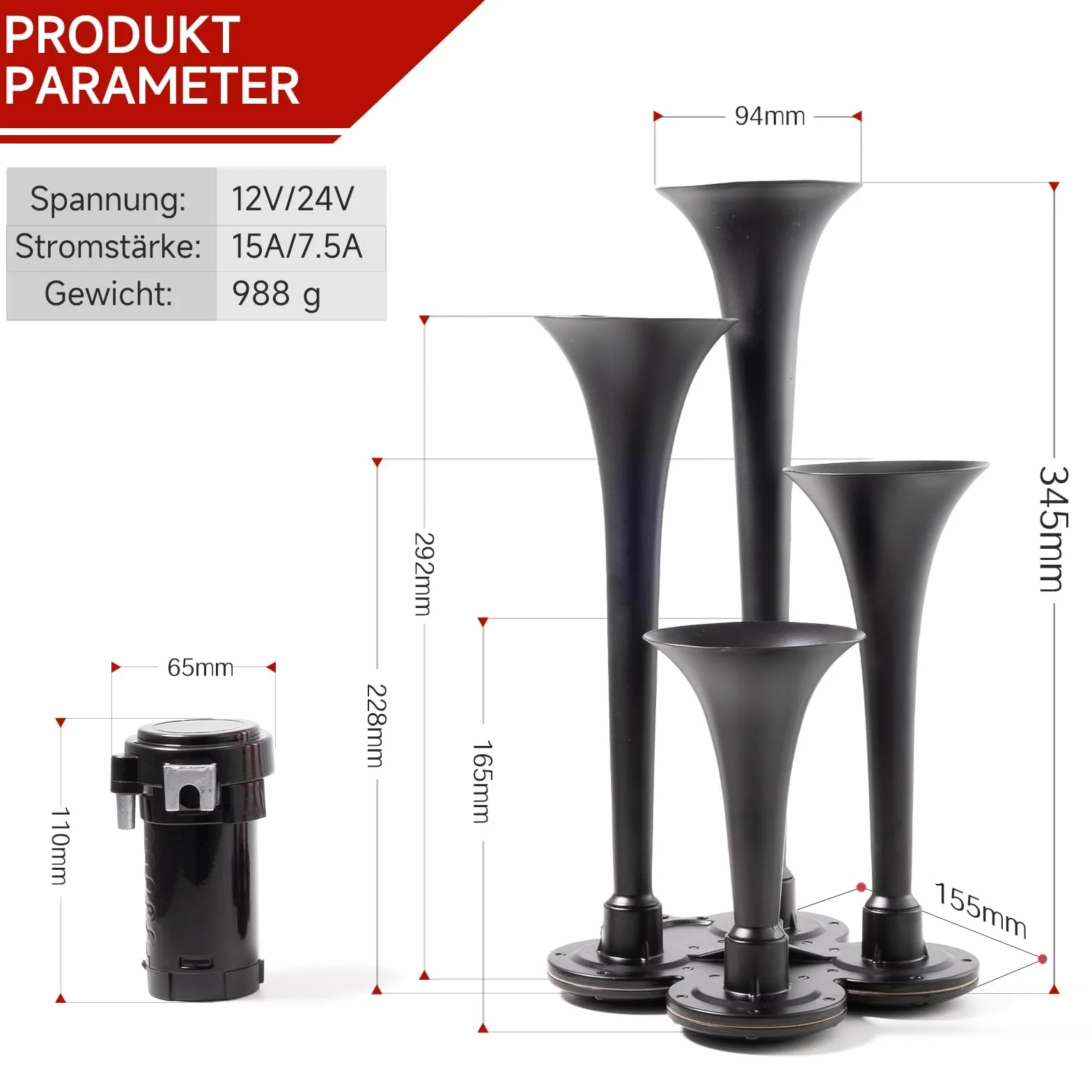 FARBIN Klakson pneumatyczny do ciężarówek, 150 dB, 12 V, 4 trąbki, klakson do ciężarówek, super mocny klakson pneumatyczny, z kompresorem do pojazdów, ciężarówek, jeepów, SUV-ów, łodzi