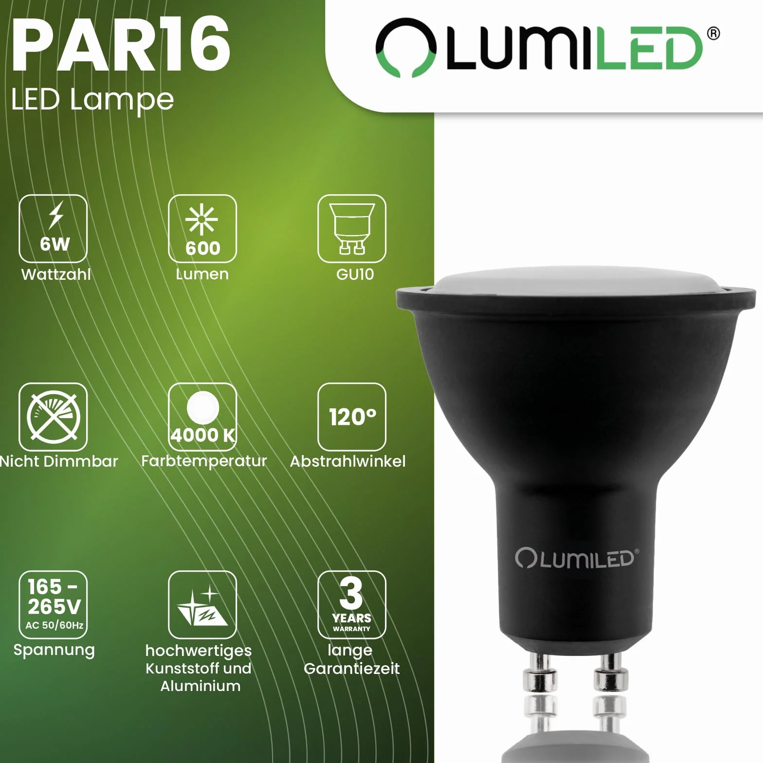 Lumiled Żarówka LED GU10 Reflektor PAR16 Czarna 6W 600lm 4000K Neutralna biel 120° Zestaw 10 sztuk
