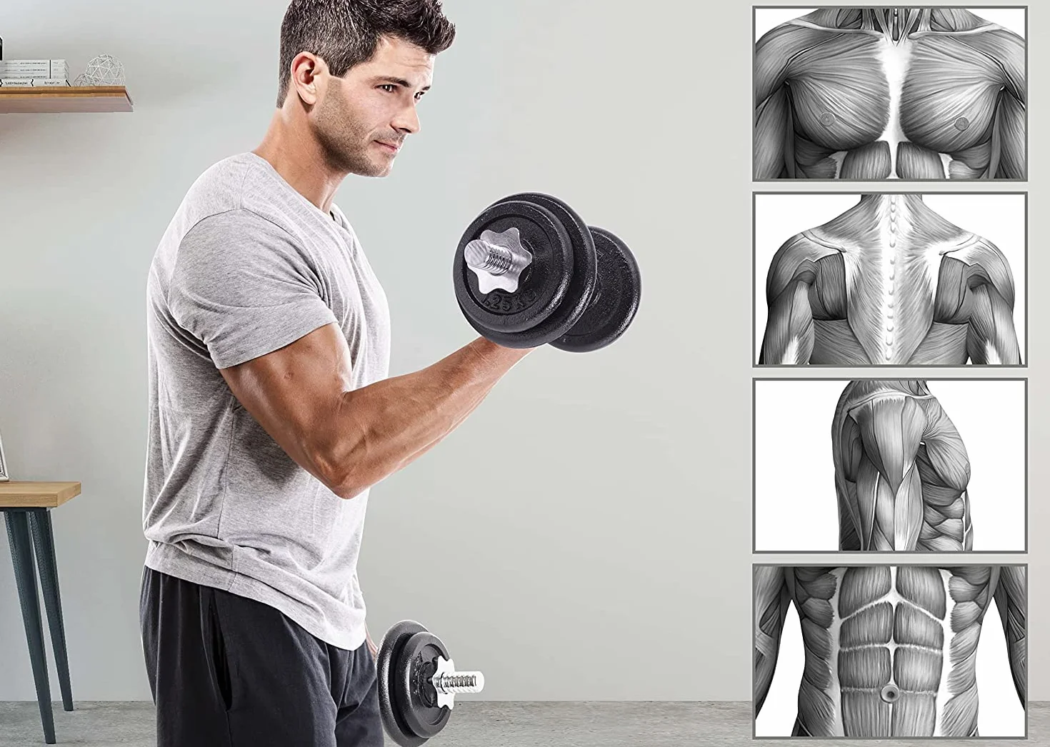 Ultrasport Zestaw hantli 30 kg, niski bar ze sztangą, hantle, sztanga, zestaw ciężarków, ciężarki 30 kg, obciążniki 30 mm, żeliwo, stal, zestaw sztangi, hantle, trening siłowy
