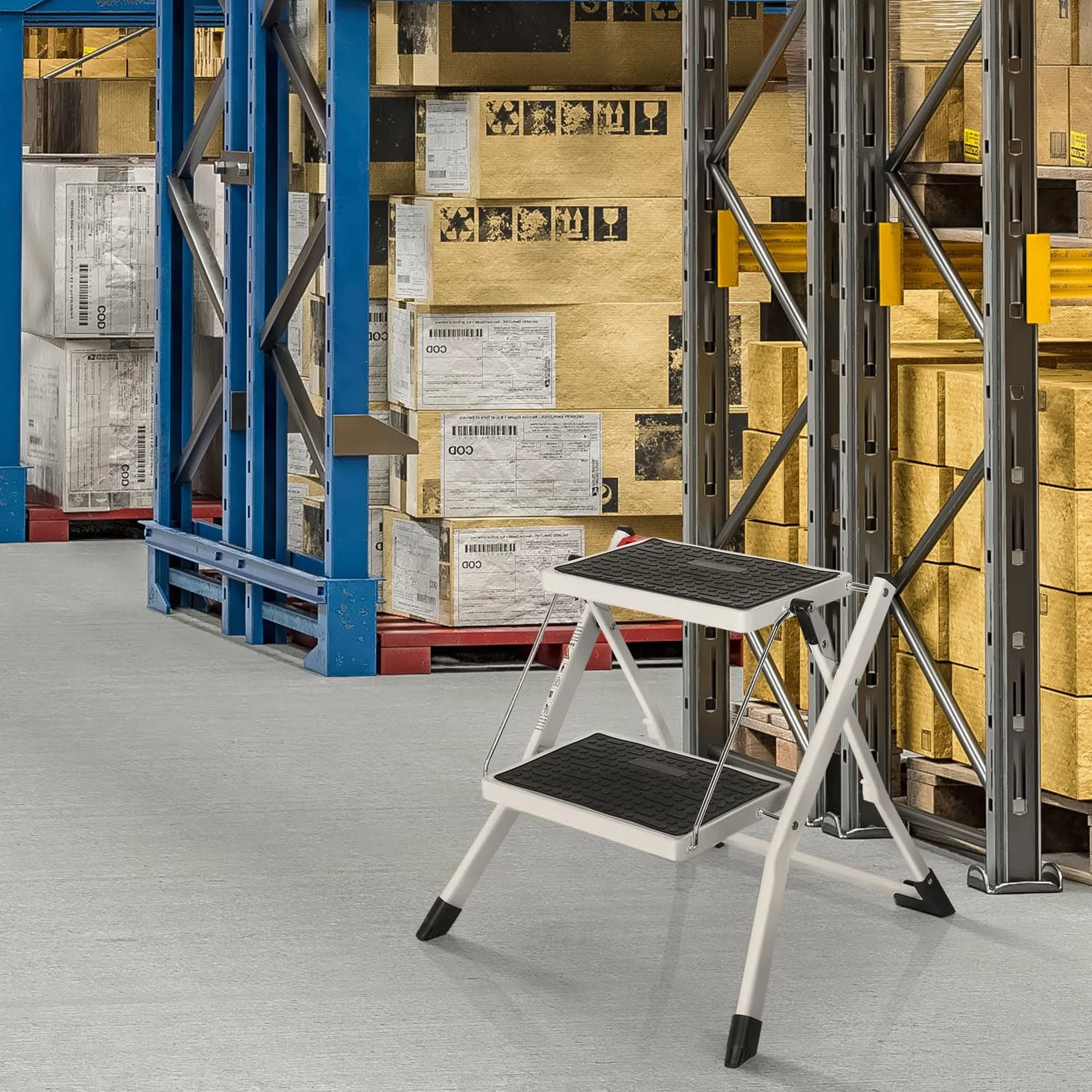 hjh OFFICE 801200 składany stopień 2-stopnie SOLID W1 obciążenie 150 kg biały srebrny