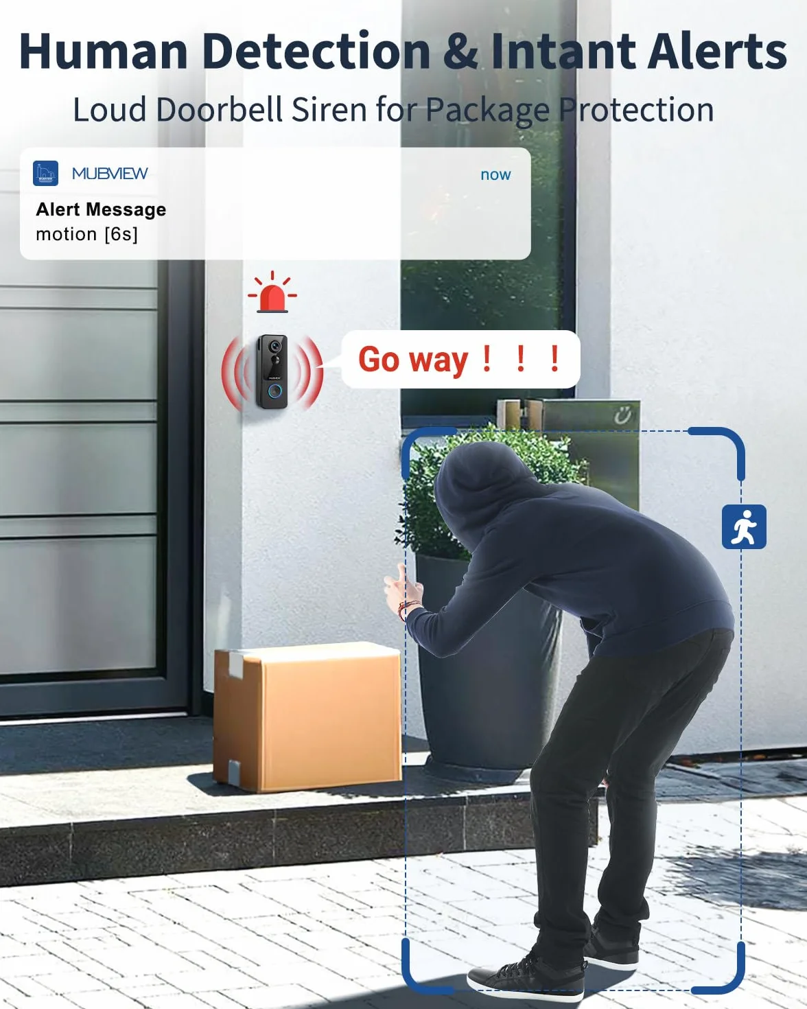 MUBVIEW Bezprzewodowy dzwonek do drzwi z kamerą HD 1080P, Wi-Fi 2,4 GHz, detekcja ruchu PIR, noktowizor, wodoodporny