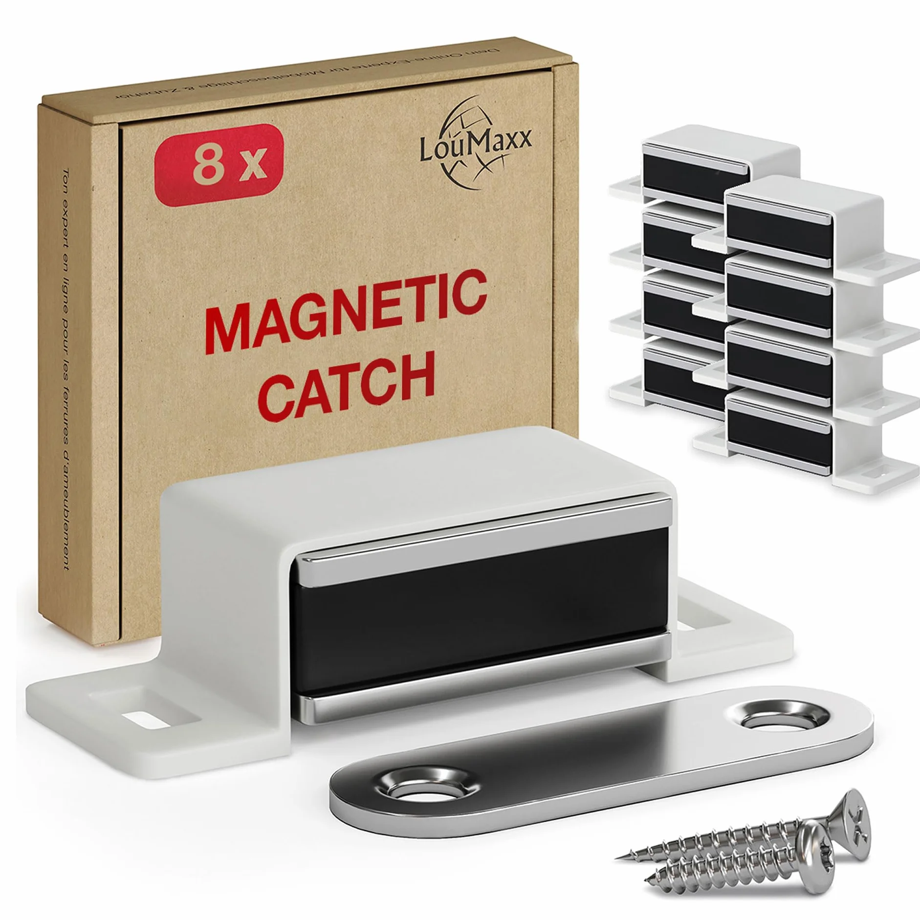 LouMaxx Zatrzask magnetyczny mocny siła trzymania 4 kg zestaw 8 sztuk biały magnes na drzwi zamknięcie magnetyczne