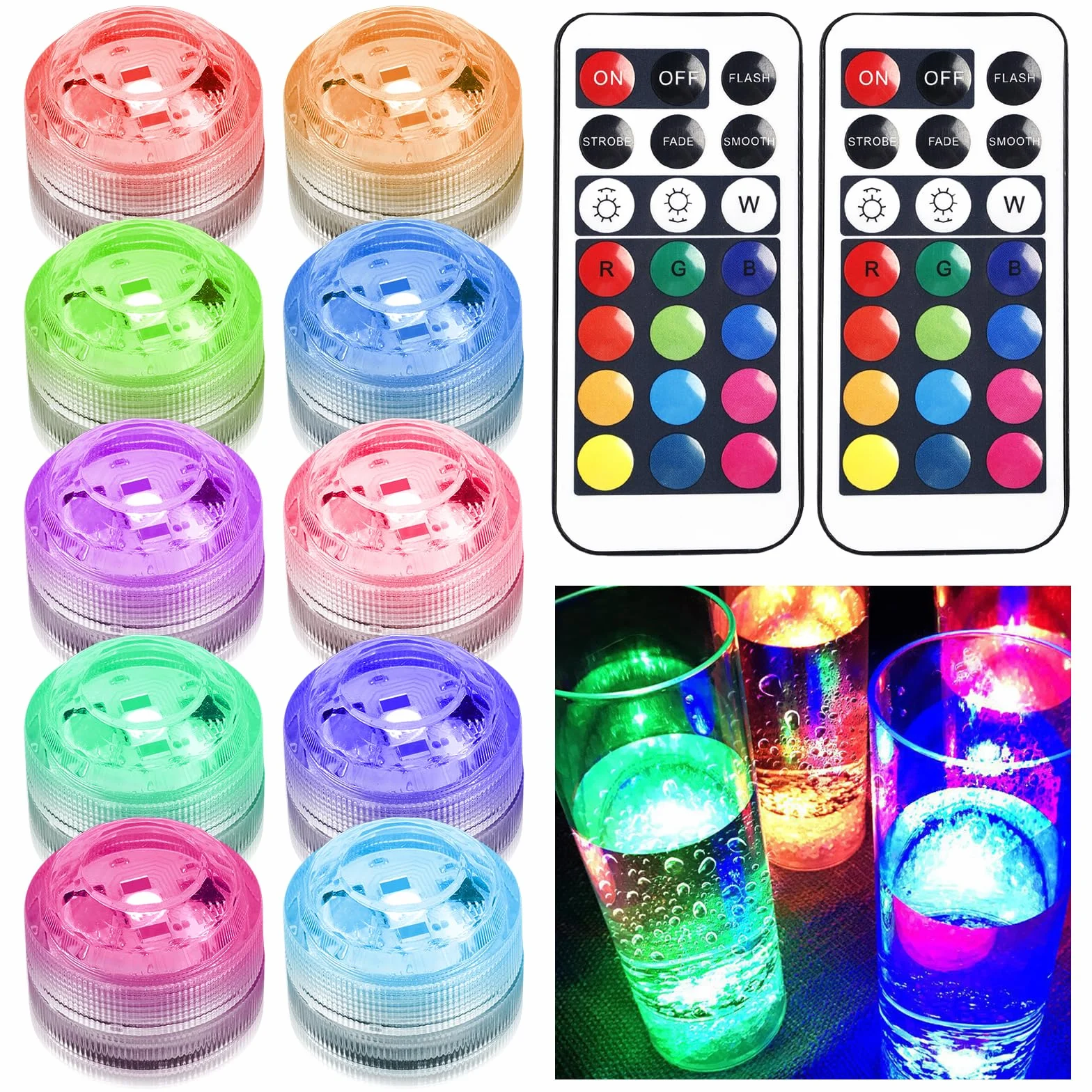 SPORWAY Podwodne oświetlenie basenowe LED, 10 sztuk, wielokolorowe światła LED RGB, wodoszczelność IP65, oświetlenie stawu z 2 pilotami zdalnego sterowania, do akwarium, wanny, ogrodu, dekoracja