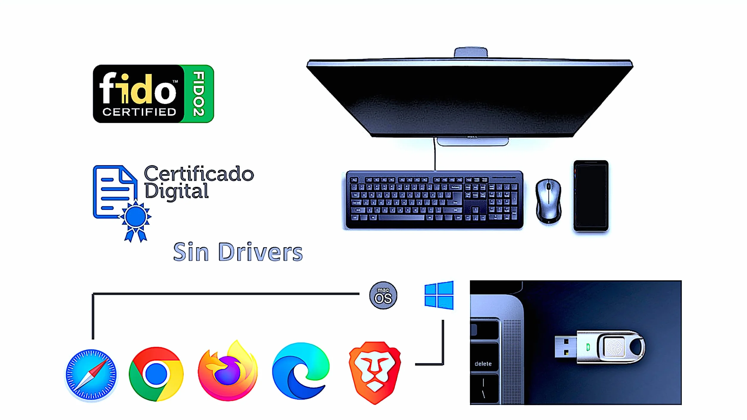 Klucz USB FIDO2 i certyfikat cyfrowy ChipNet FIDO2 ID BioPass, srebrny metaliczny