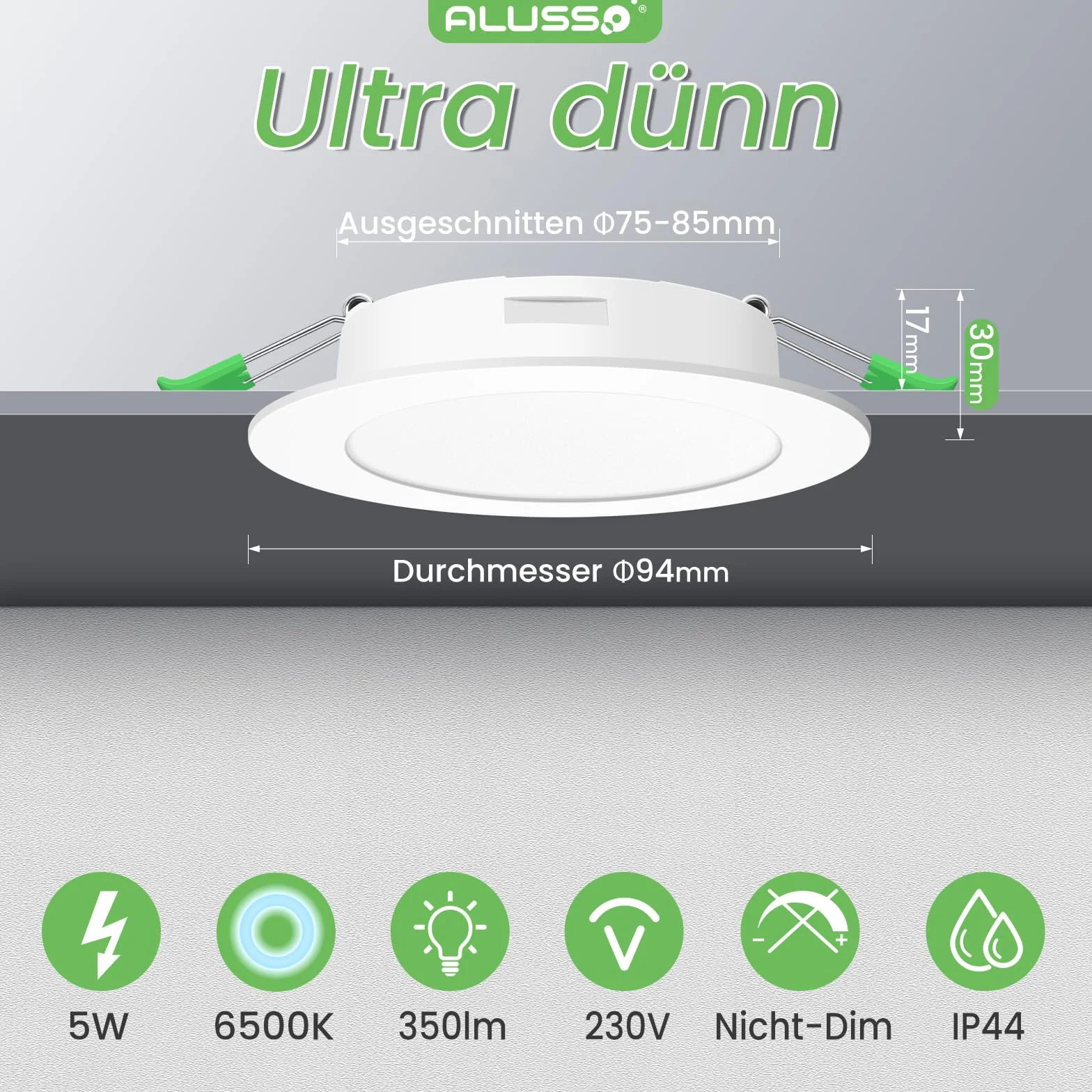 ALUSSO Bardzo płaska, wpuszczana reflektor LED, 5 W 350 lm zimna biel 6500 K, IP44 do łazienki, ultracienki 30 mm, wbudowany AC220-240 V do salonu, kuchni, zestaw 6 sztuk