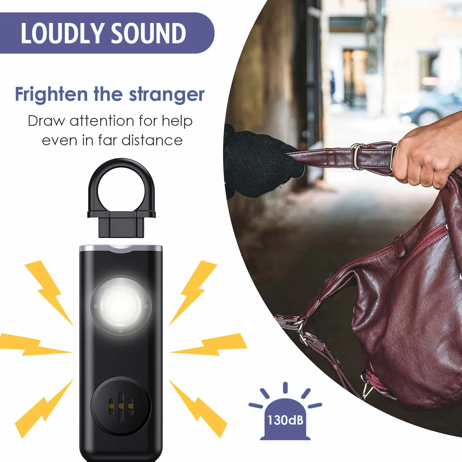 OQIMAX Ładowalny alarm bezpieczeństwa kluczyk z lampą LED Strobe, 130dB głośny alarm osobisty SOS dla kobiet, studentów, dzieci