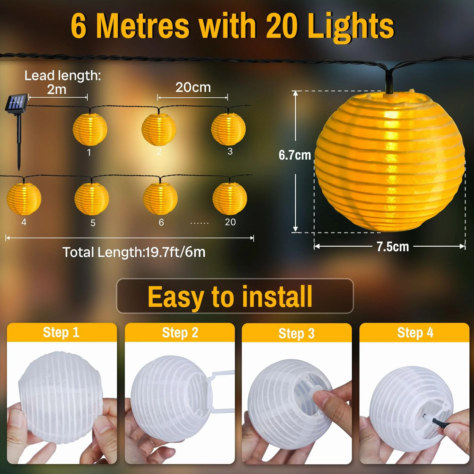 Solarny łańcuch świetlny LED 6m 20 diod IP65 8 trybów oświetlenia do ogrodu