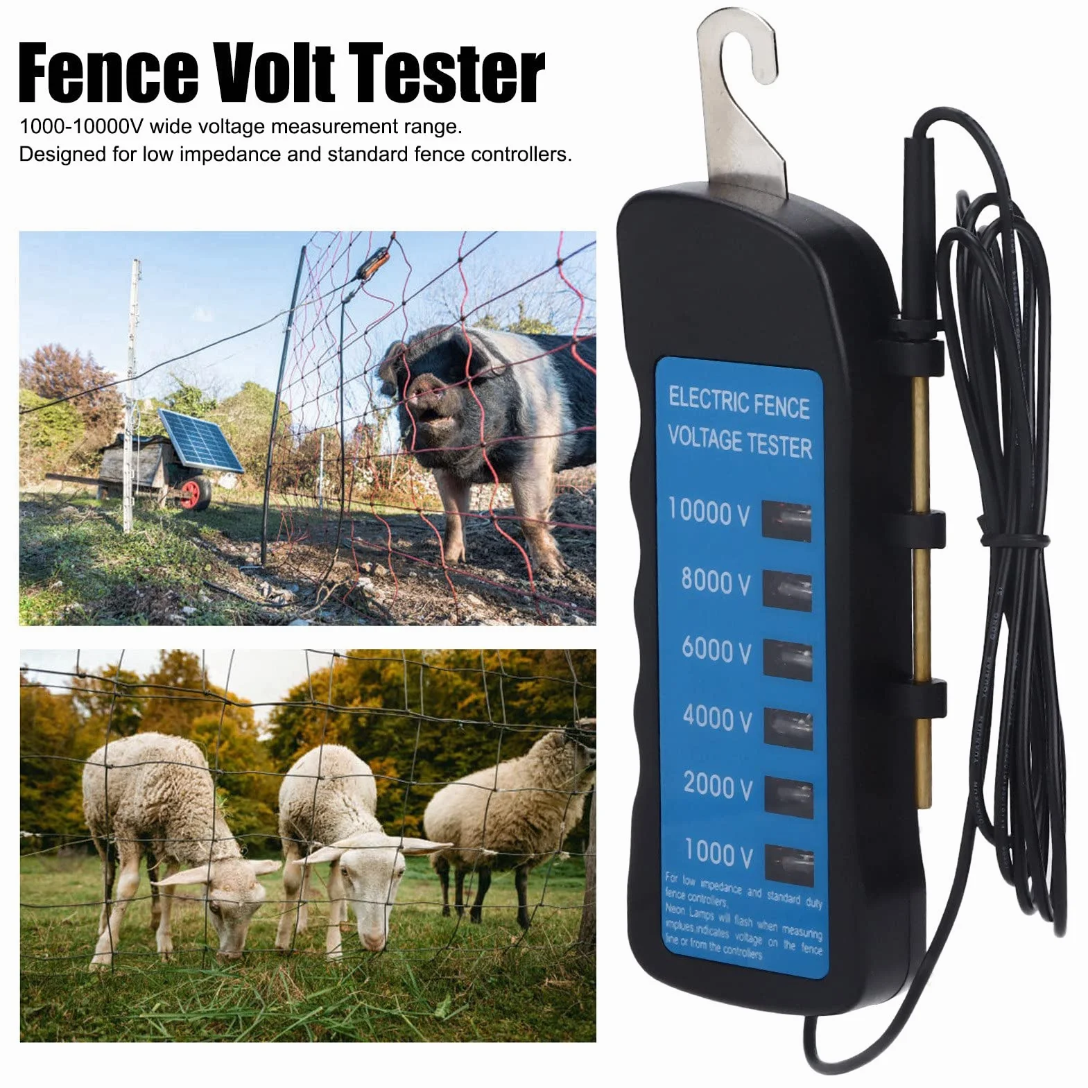 Ejoyous Tester Ogrodzenia Pastwiskowego 1000-10000 V 6-stopniowy Przenośny Tester Napięcia