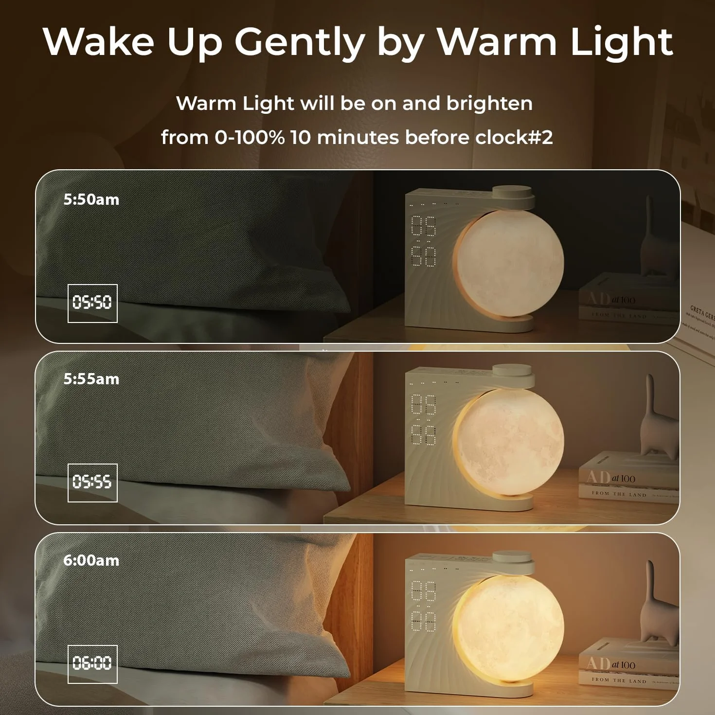 Lampa księżycowa ze świecącym budzikiem LED, 8 kolorów, podwójny alarm, drzemka, 10 dźwięków