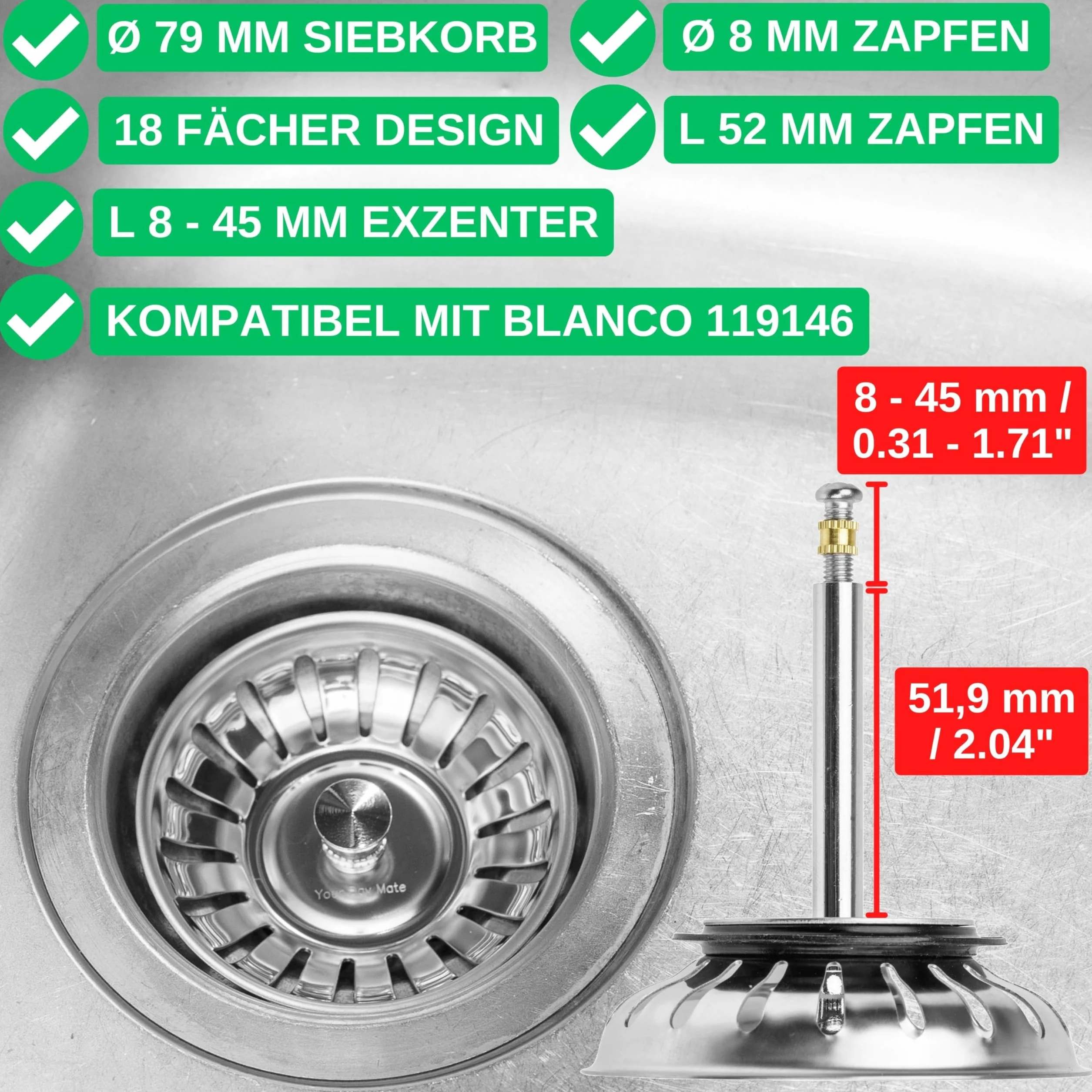 Koszyk sitka do zlewu kuchennego Ø 79 mm zamiennik 119146 Blanco 3,5" 18-szczelinowy króciec mimośrodowy 52-97 mm trzpień Ø 8 mm