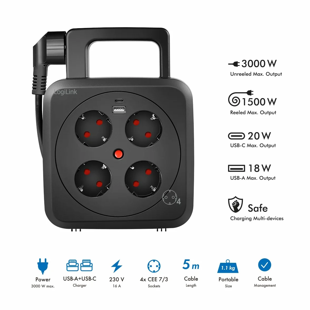 LogiLink LPS504 bęben kablowy 5 m 4 gniazda wtykowe USB-A USB-C IP20 termiczny wyłącznik przeciążeniowy