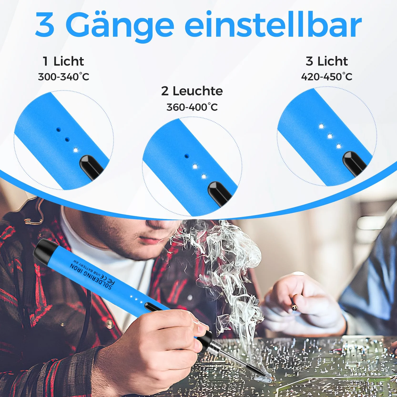Bezprzewodowy zestaw do lutowania USB z 3 ustawialnymi temperaturami 300℃-450℃, 3 końcówkami, podstawką i drutem