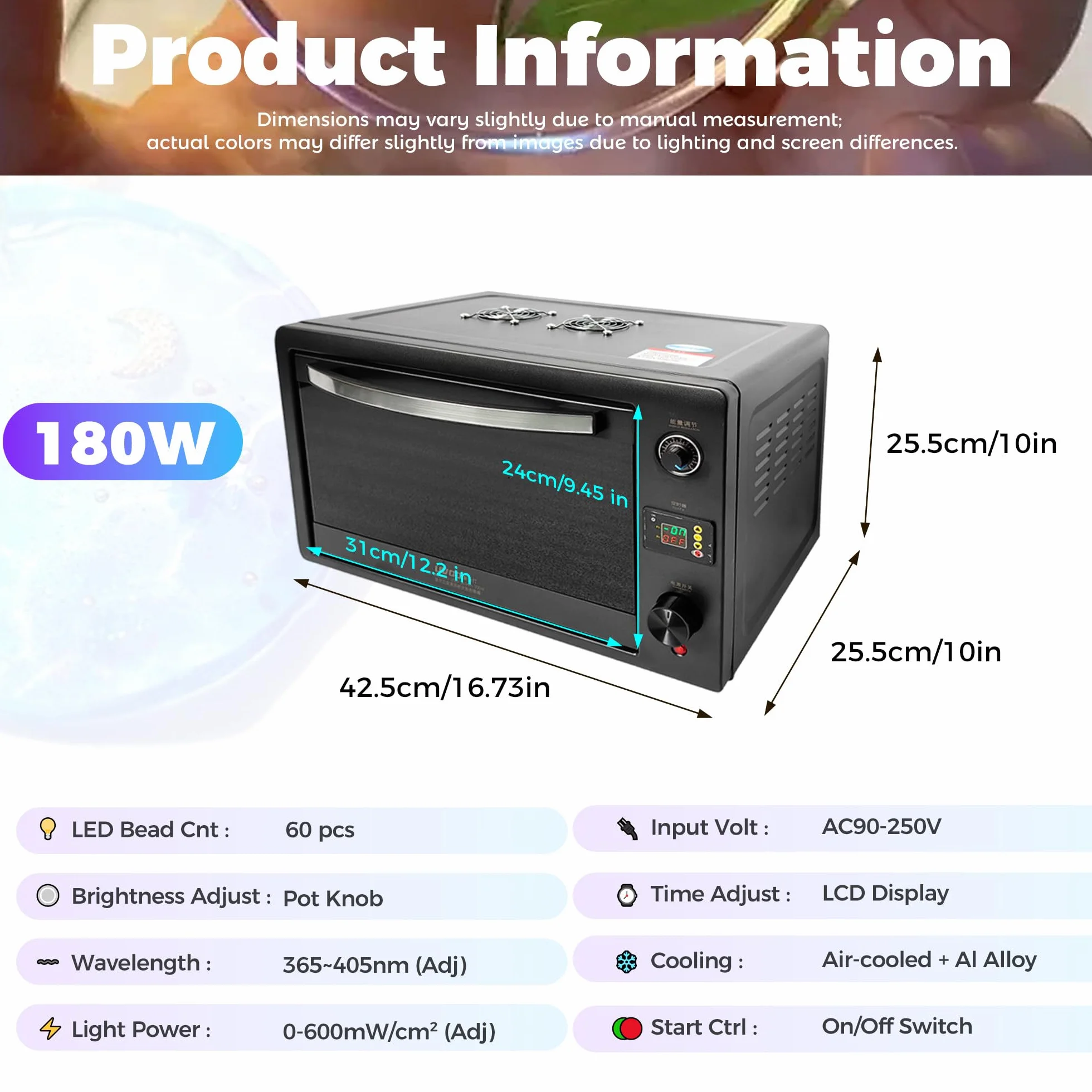 Piec do utwardzania UV 180W 365-400nm Kompaktowa Skrzynka Świetlna UV z Cyfrowym Timerem LCD