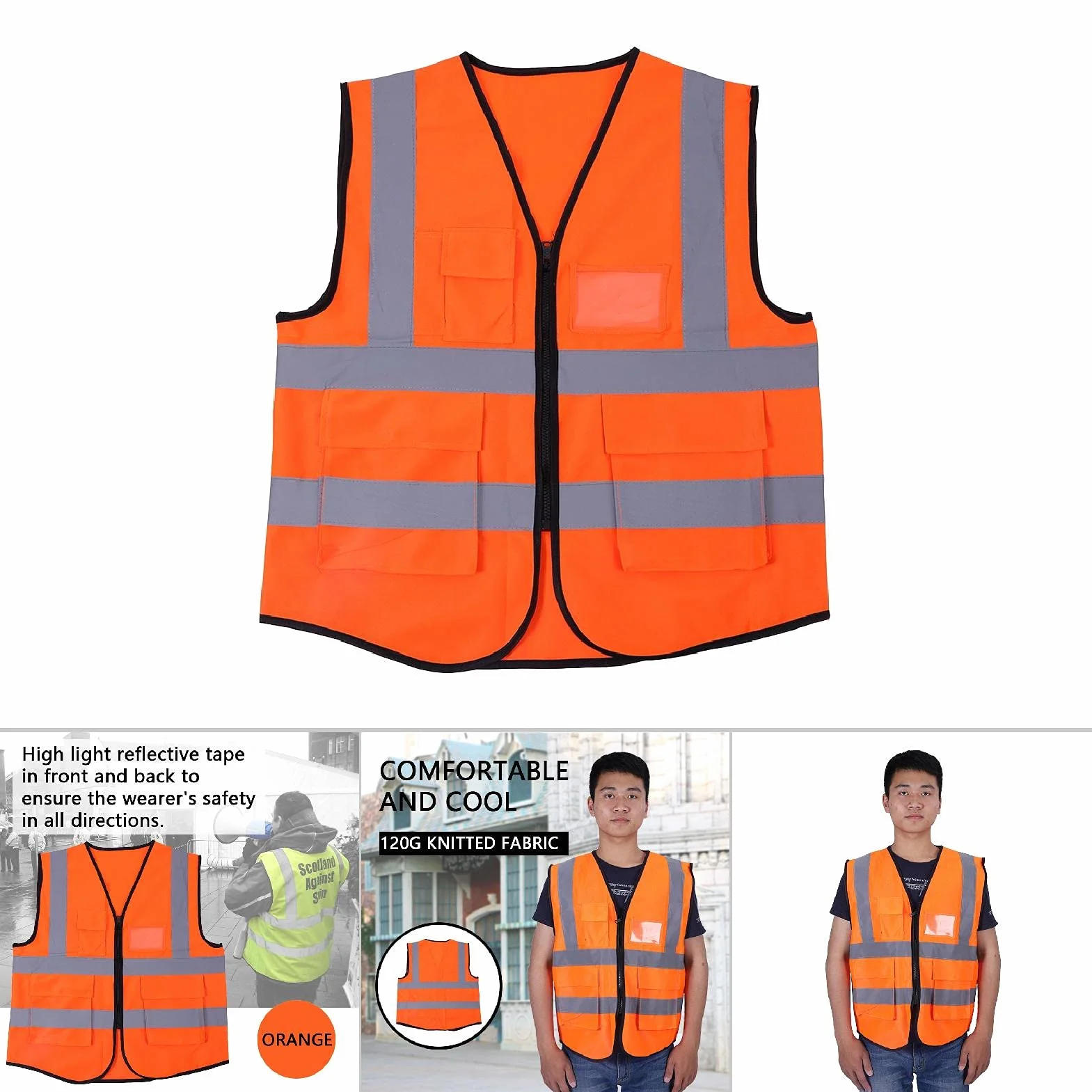 Multicolor Reflective Vest Sicherheitsweste 120G Gestrick Hochlichtreflektierendes Band Orange