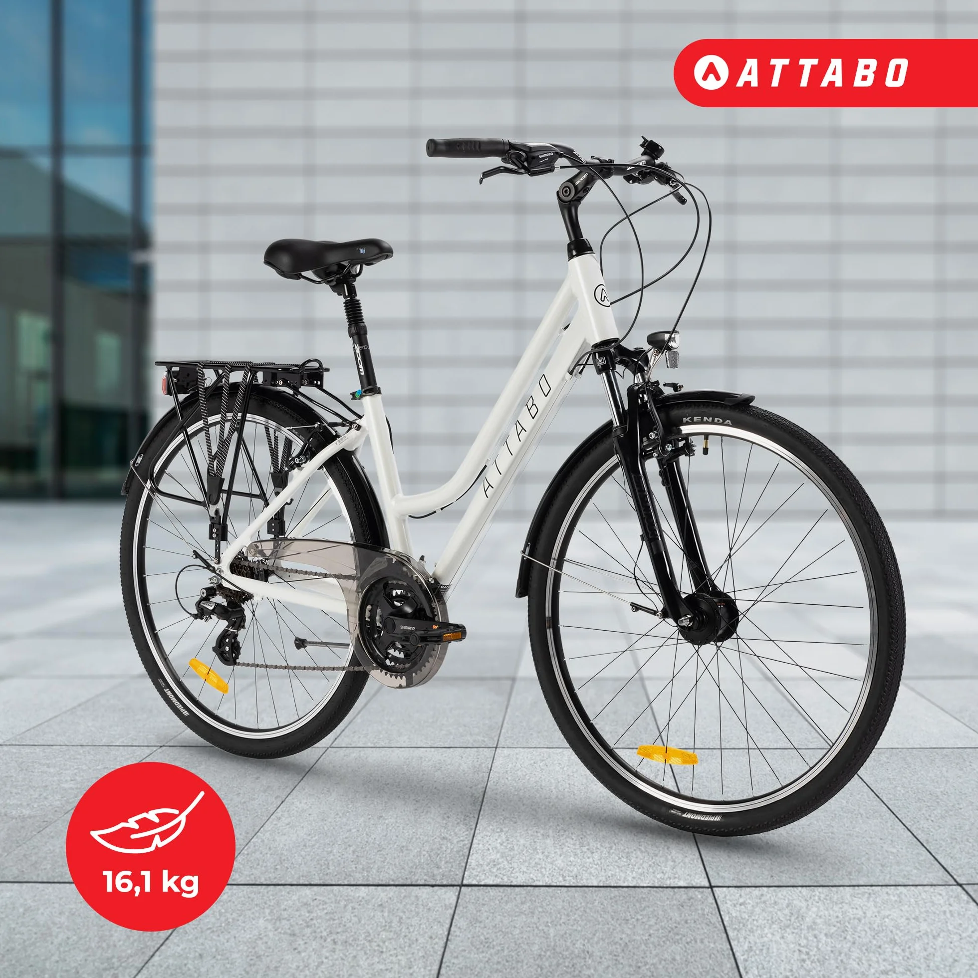 ATTABO Rower trekkingowy damski z ramą 17"-19", ergonomiczna kierownica, hamulce V-Brake, wytrzymały, biały rower z kołami 28", z niskim bagażnikiem, dzwonek rowerowy i odblaskami