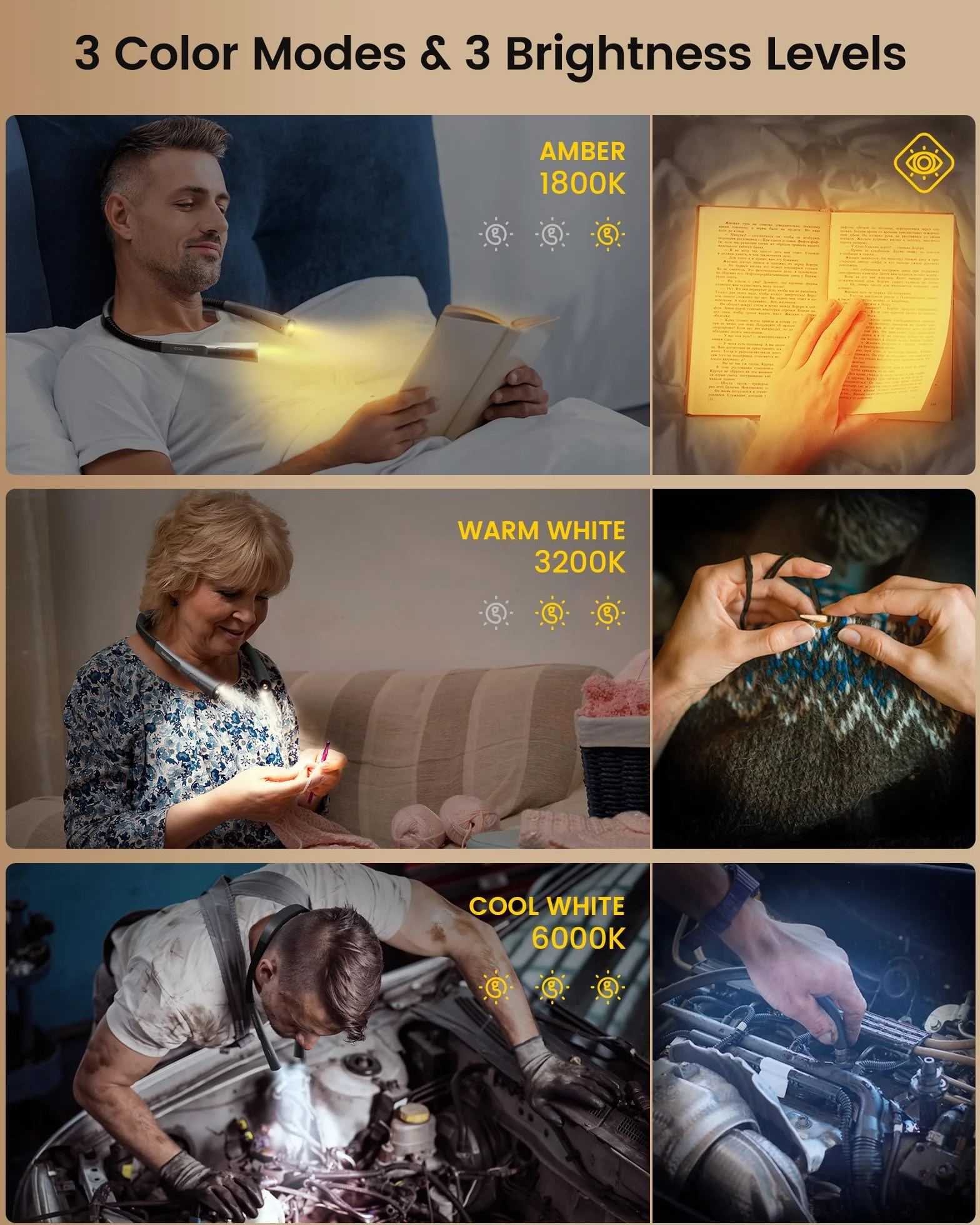 Glocusent Upgraded LED Neck Reading Light, Book Lights do czytania w nocy, 30-min Timer, 3 kolory i 3 jasność regulowane, Rechargeable Neck Light for Reading, Knitting & Repairing